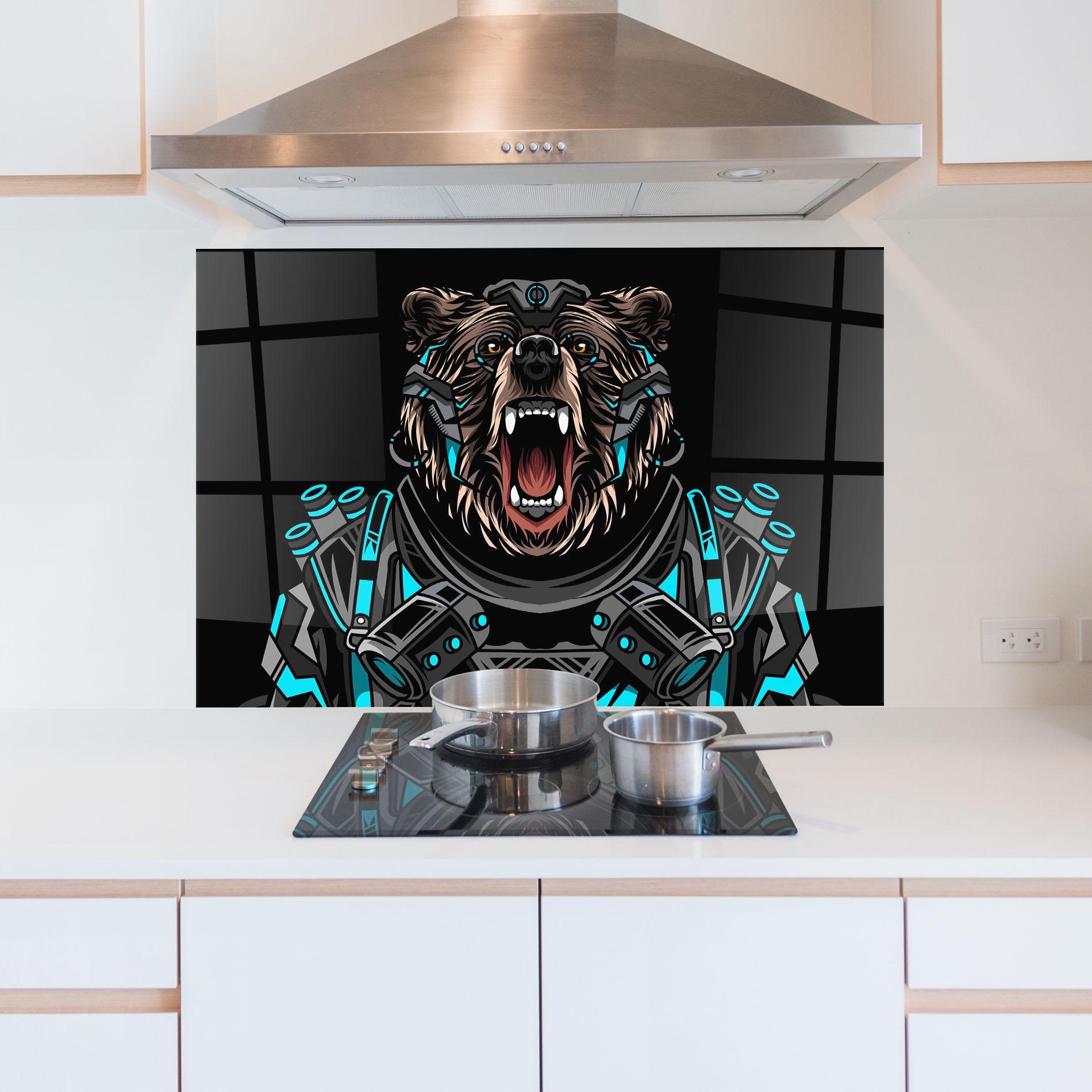 Panou Sticla Bucatarie Black Cyborg Bear mockup 5