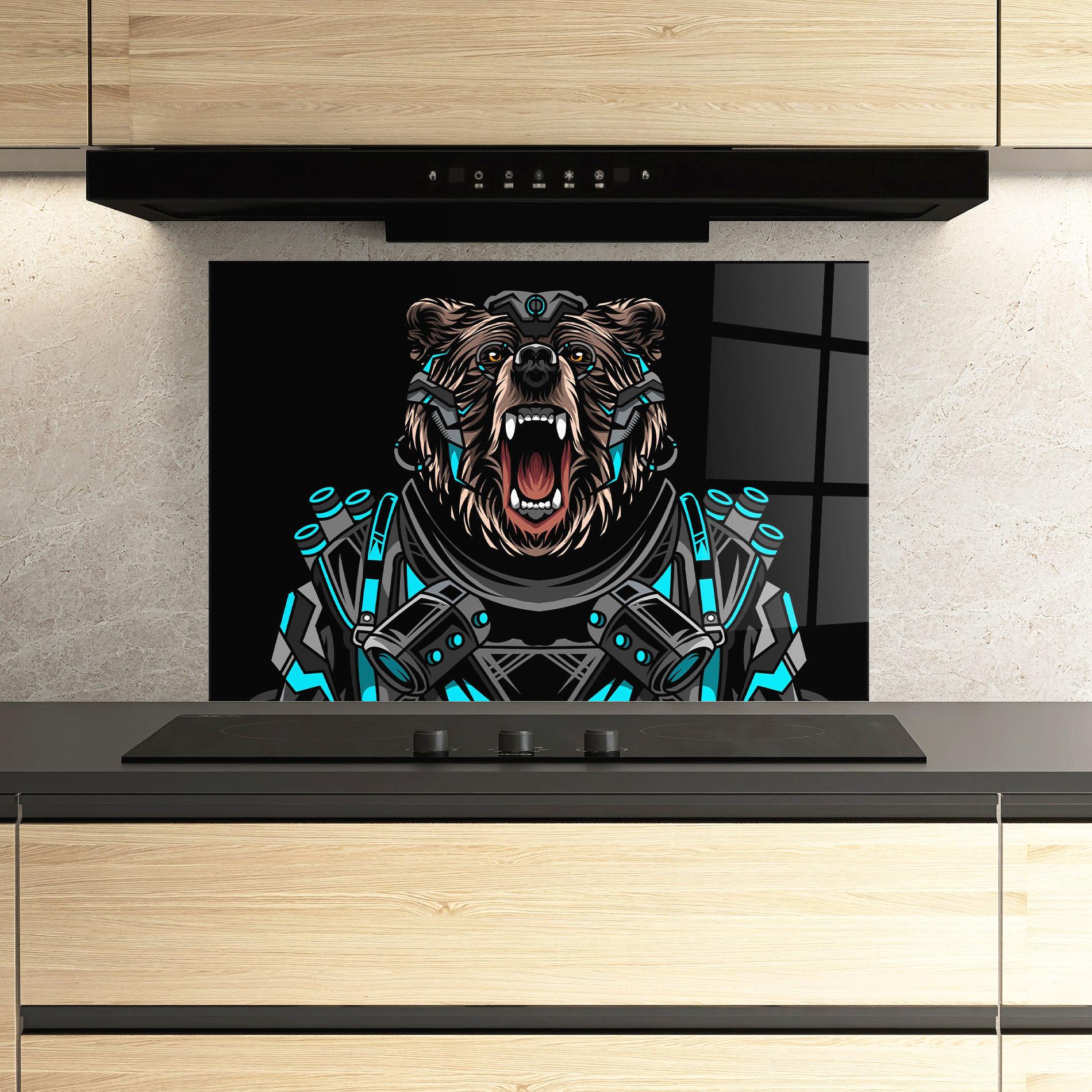 Panou Sticla Bucatarie Black Cyborg Bear mockup 3