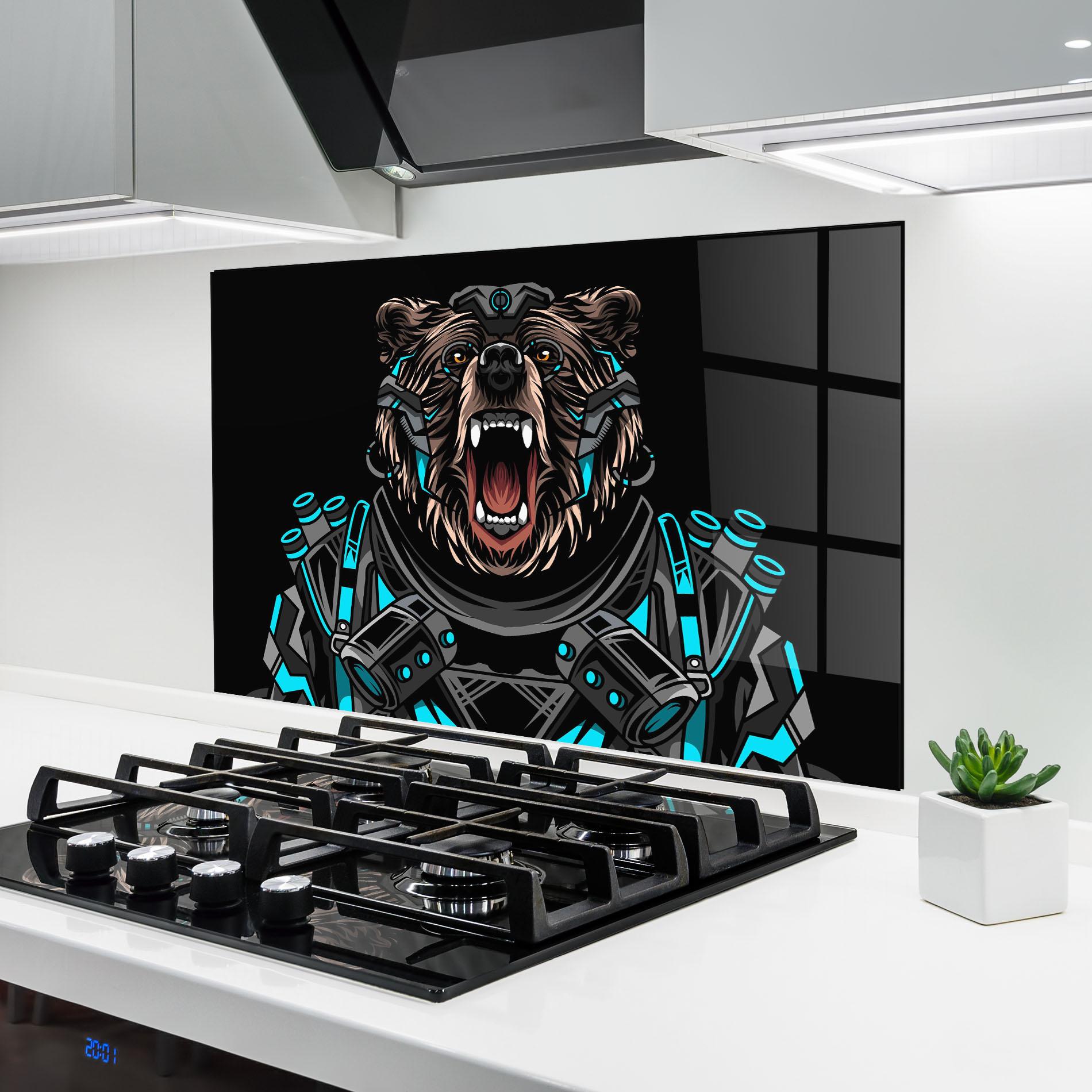 Panou Sticla Bucatarie Black Cyborg Bear mockup 6