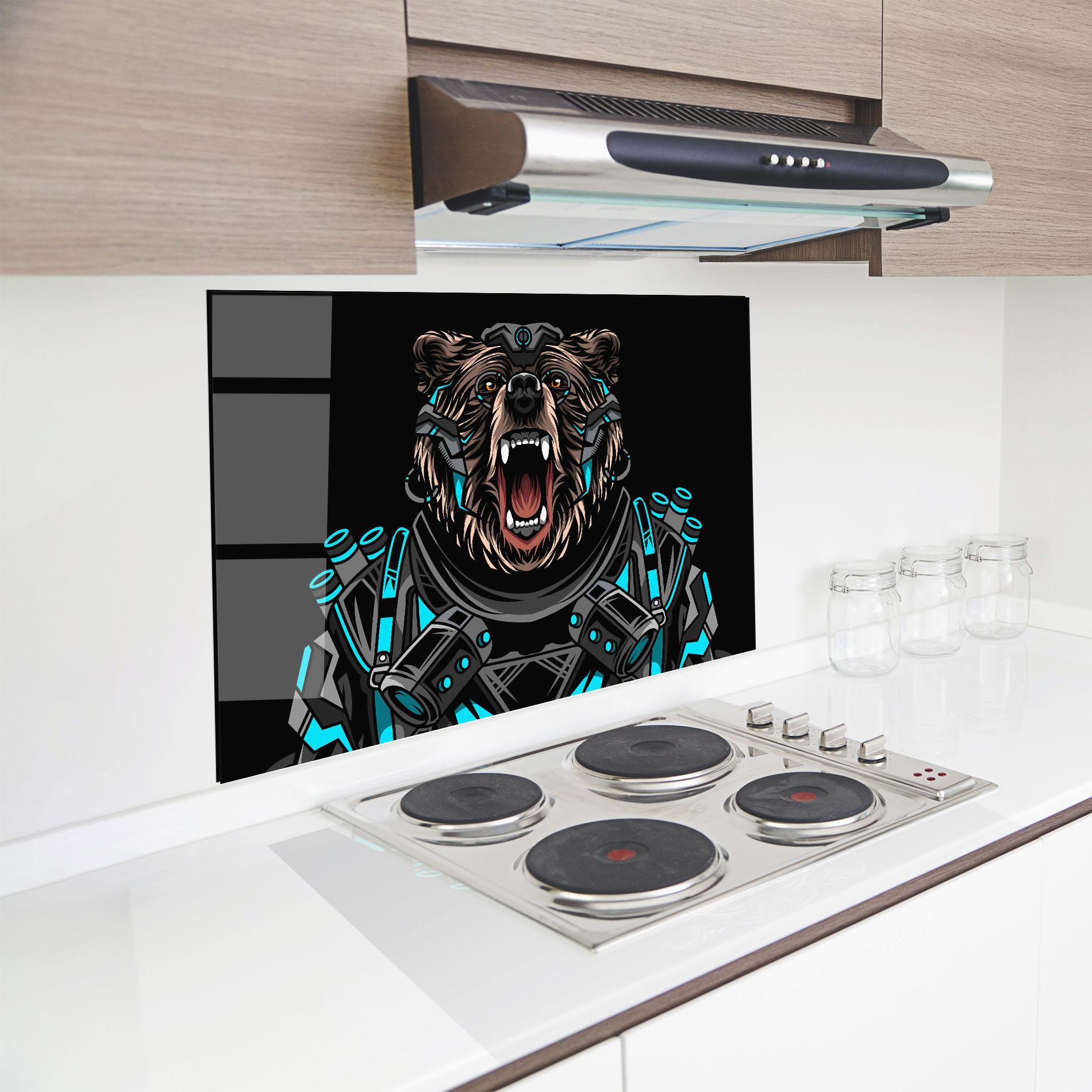 Panou Sticla Bucatarie Black Cyborg Bear mockup 8