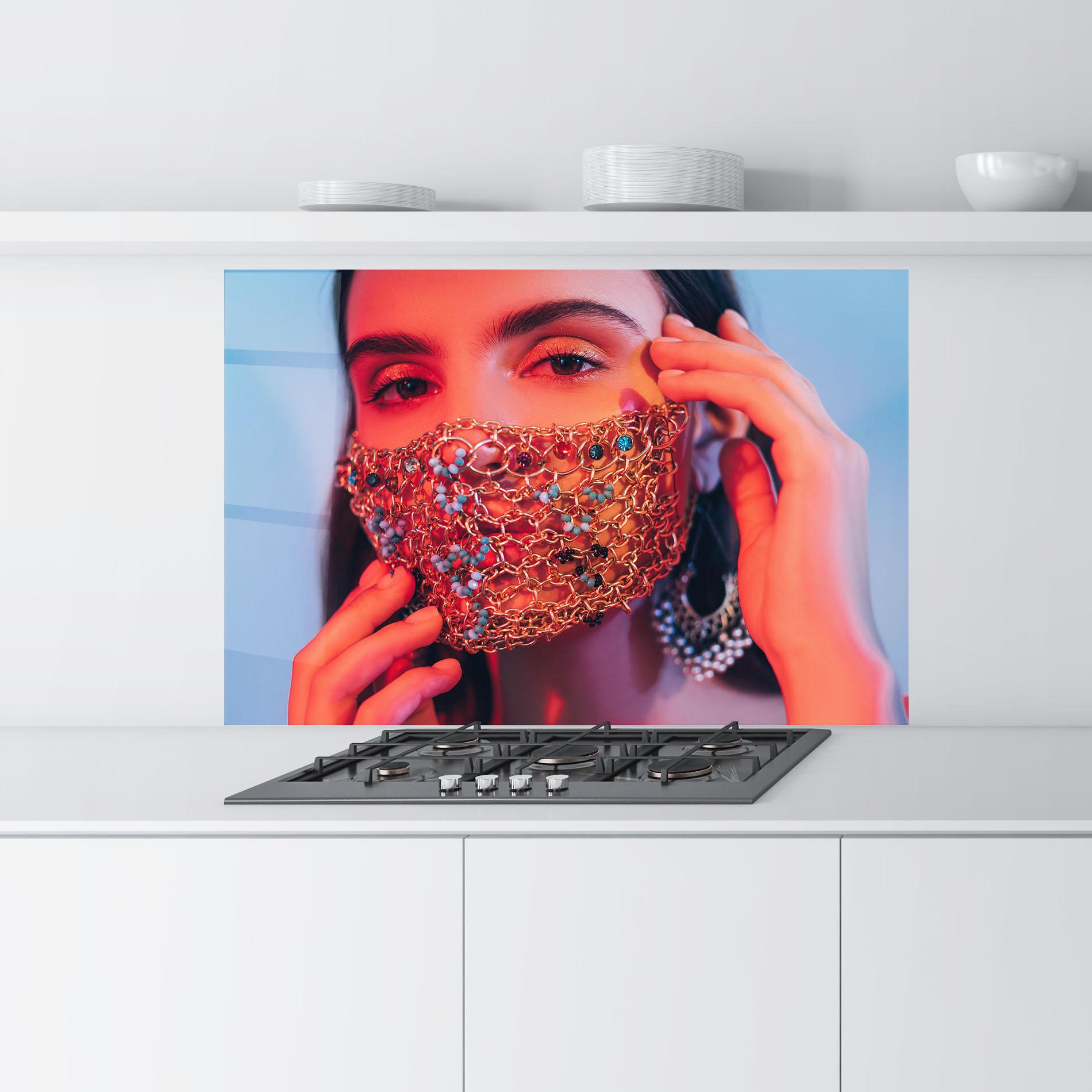 Panou Sticla Bucatarie Gold Chain Face Mask mockup 9