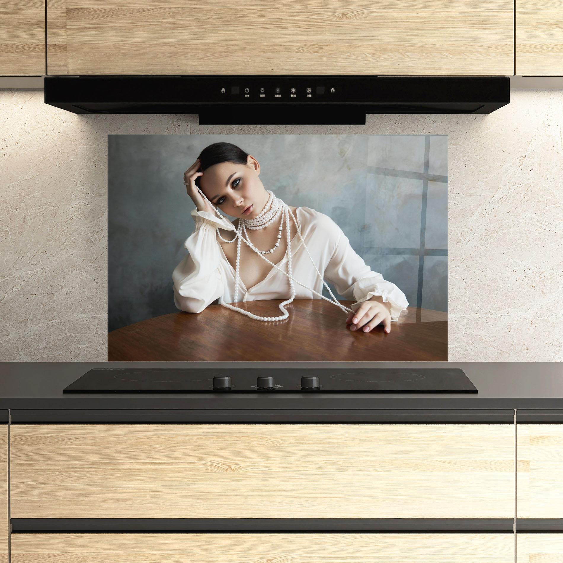 Panou Sticla Bucatarie White Pearl Beads mockup 3