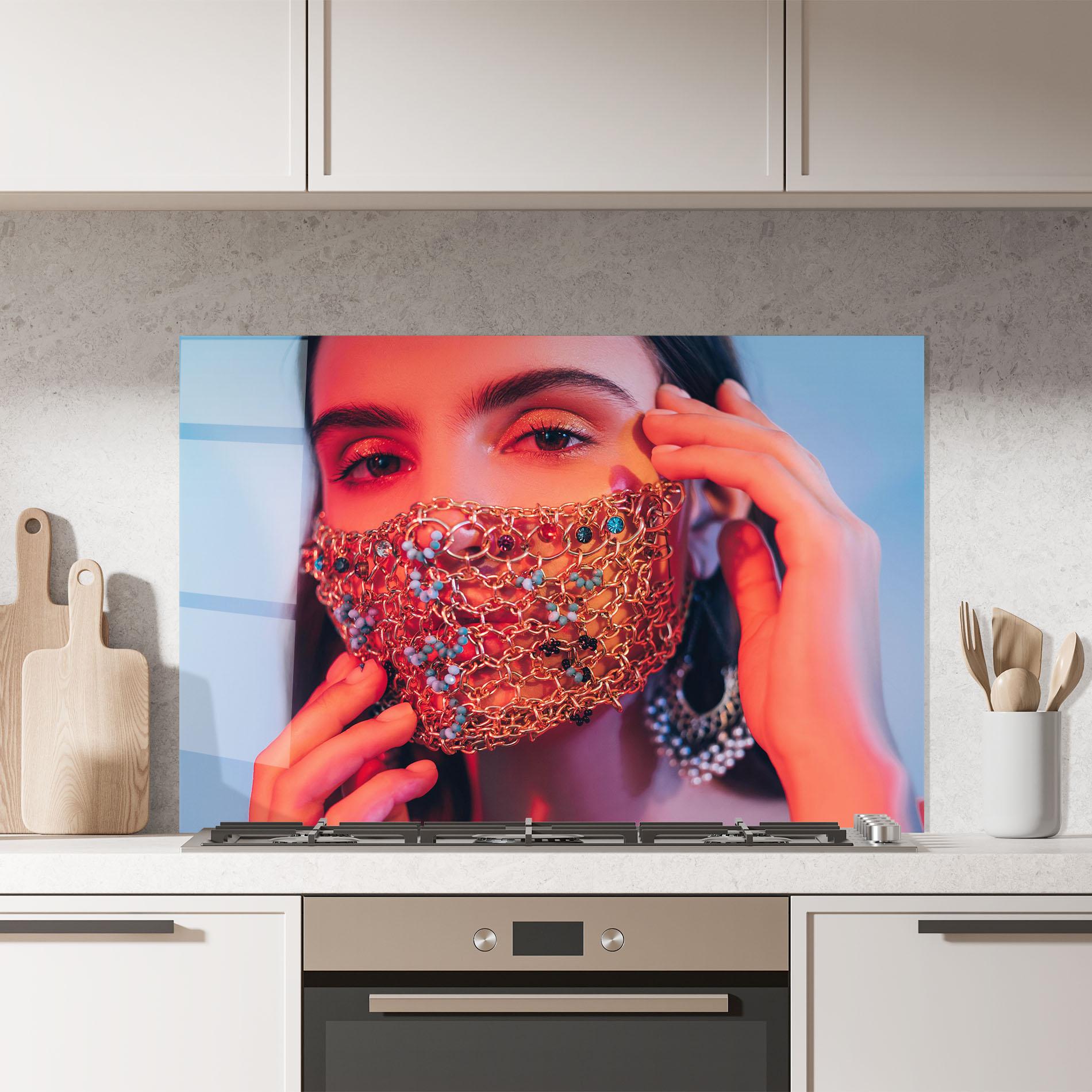 Panou Sticla Bucatarie Gold Chain Face Mask mockup 7