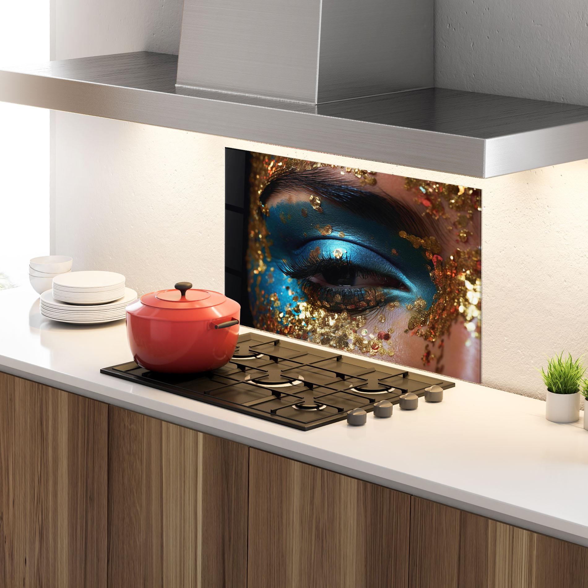 Panou Sticla Bucatarie Blue Gold Glitter mockup 4