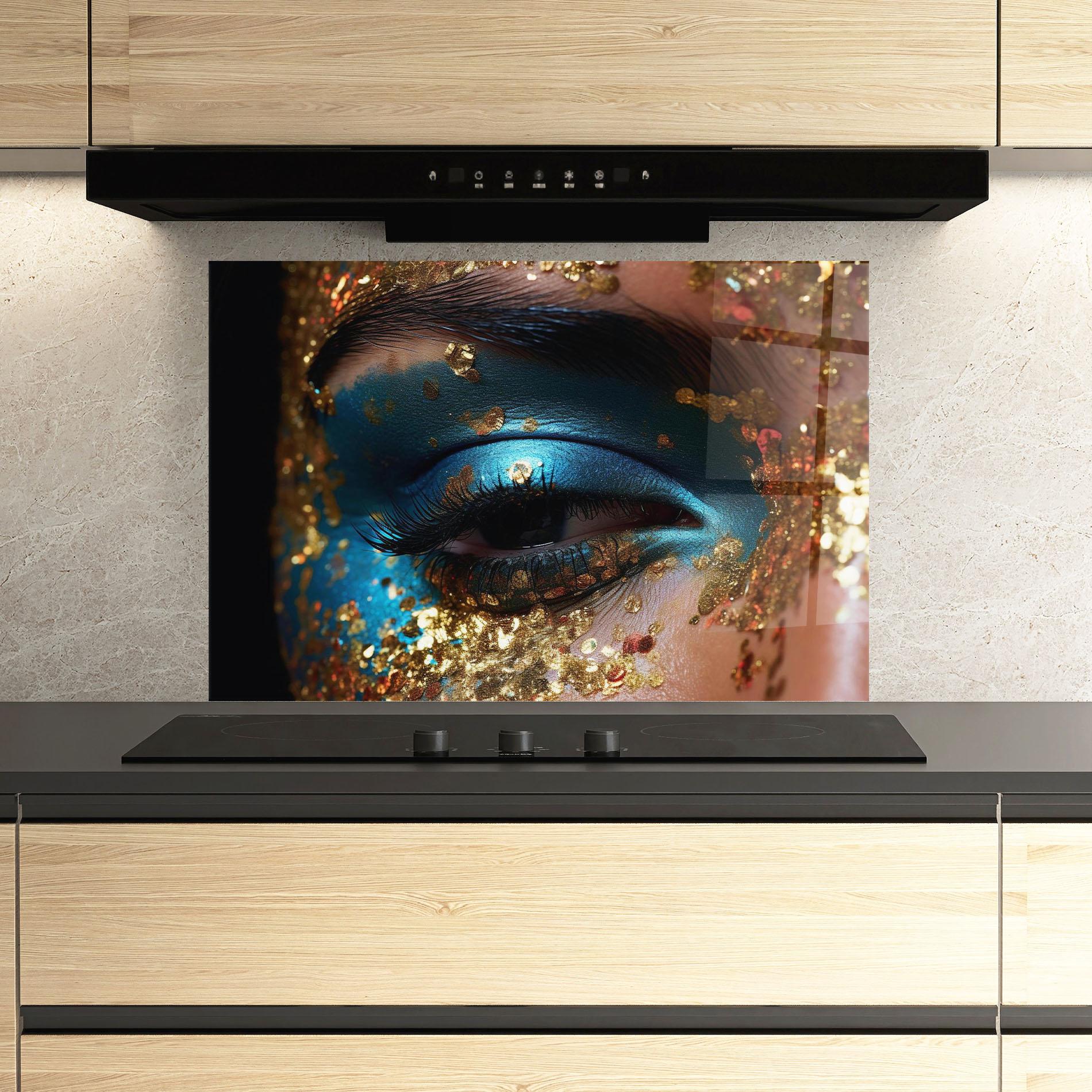 Panou Sticla Bucatarie Blue Gold Glitter mockup 3