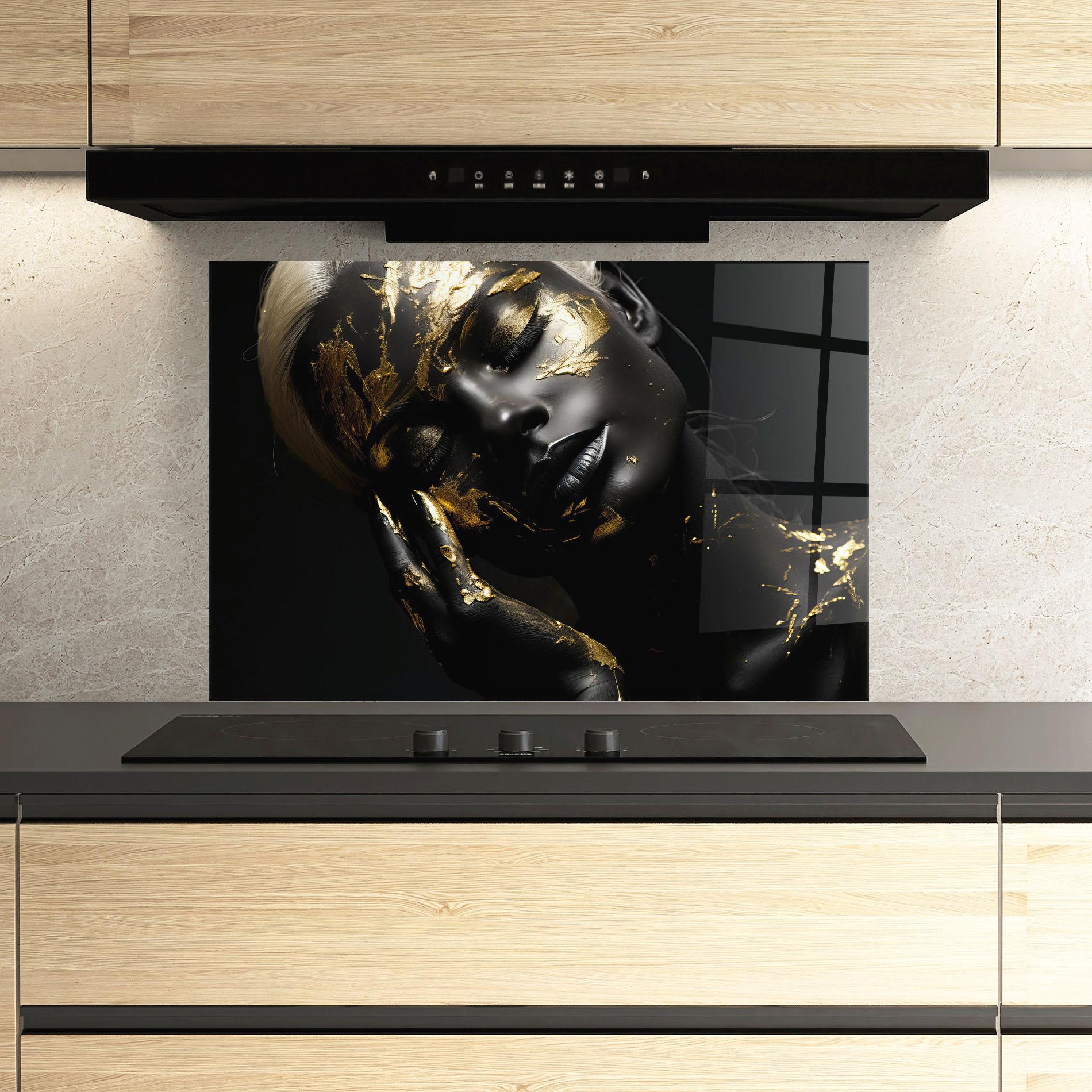 Panou Sticla Bucatarie Gold Makeup On Black mockup 3