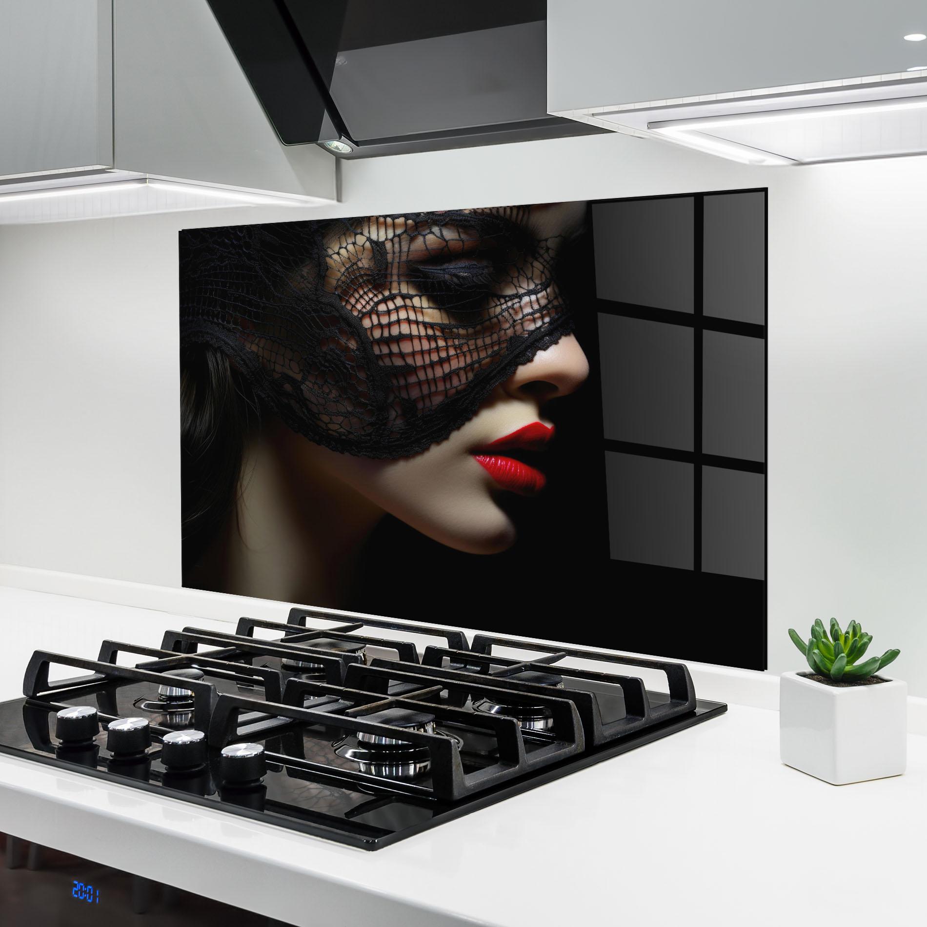 Panou Sticla Bucatarie Mysterious Girl mockup 6