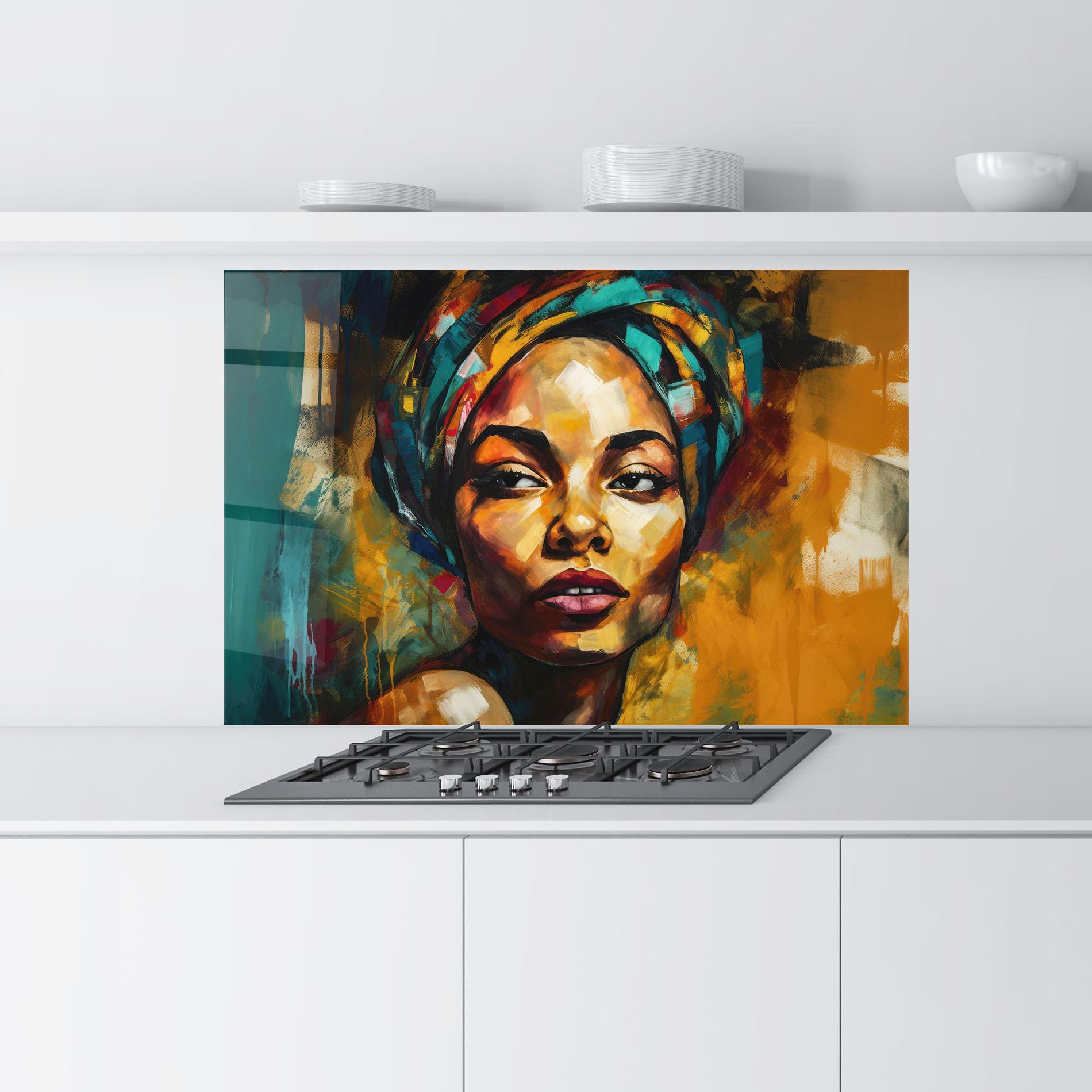 Panou Sticla Bucatarie African Woman Looking mockup 9