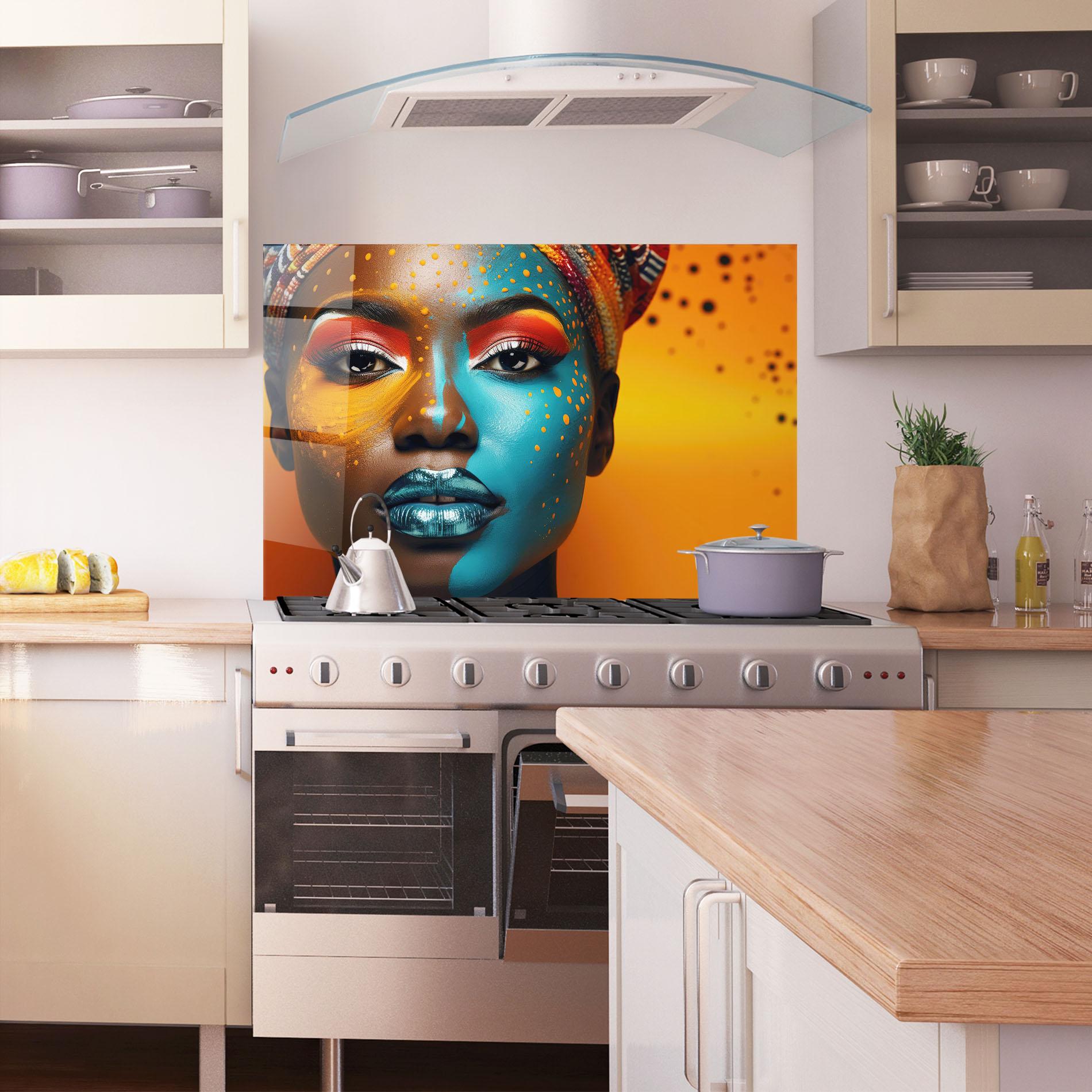 Panou Sticla Bucatarie Blue Brown Skin Woman mockup 1