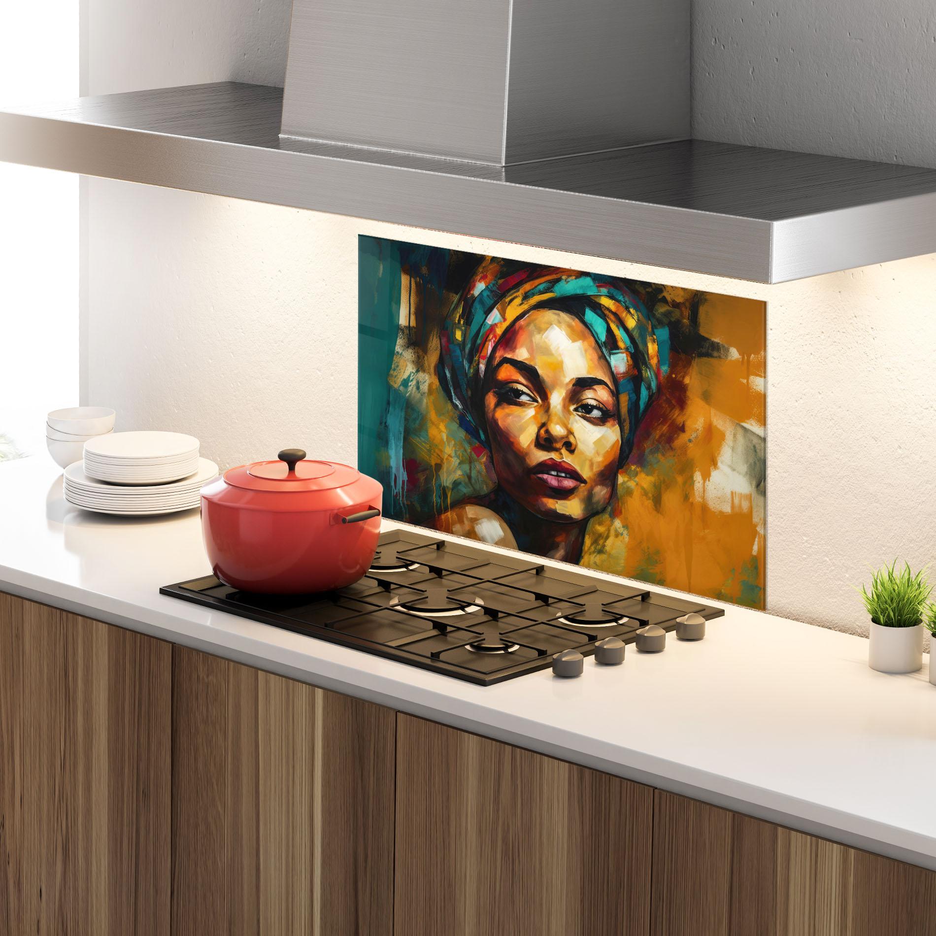 Panou Sticla Bucatarie African Woman Looking mockup 4