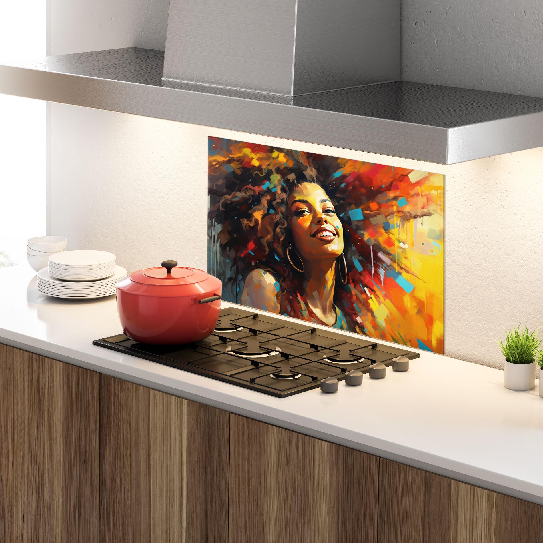 Panou Sticla Bucatarie Cheerful African Woman mockup 4