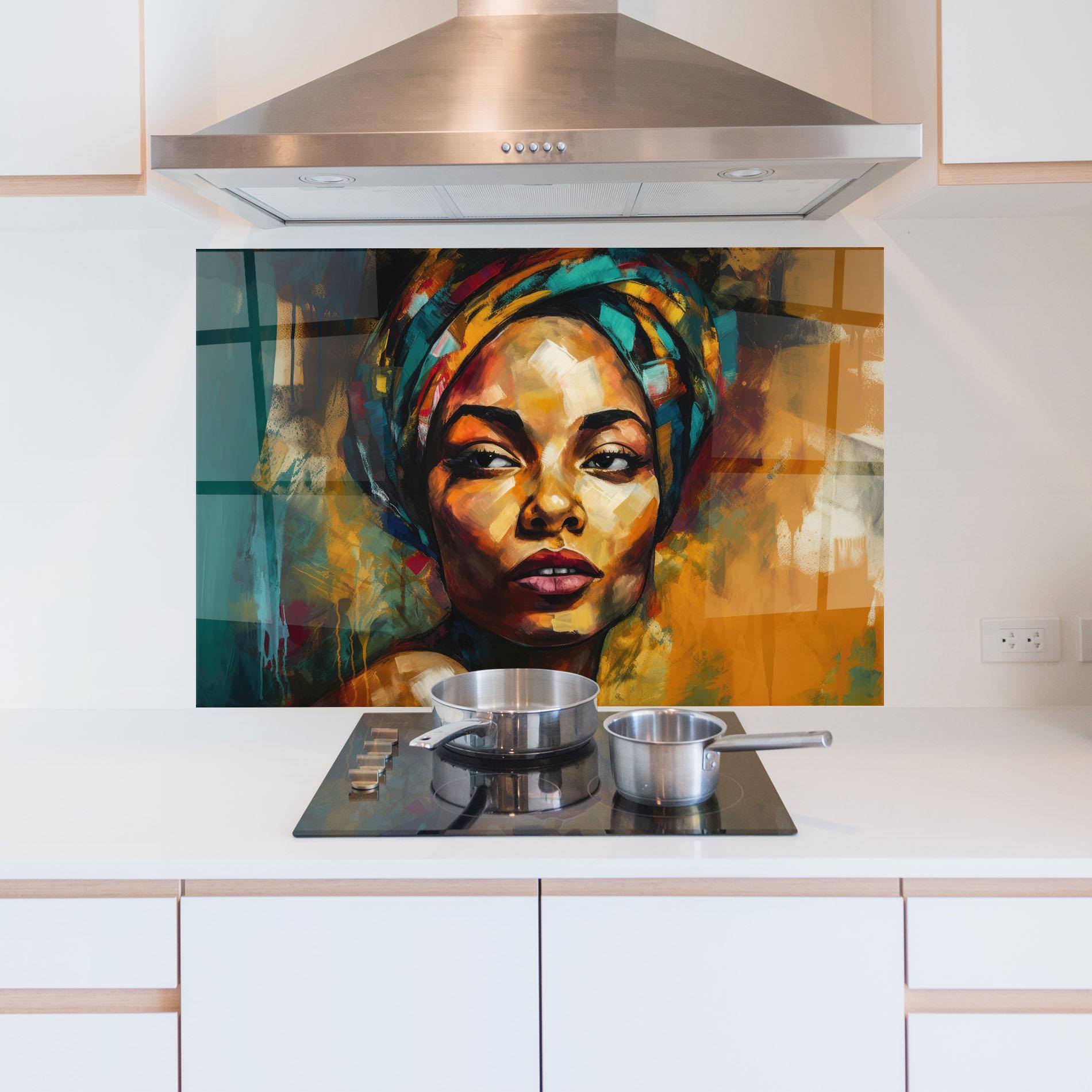 Panou Sticla Bucatarie African Woman Looking mockup 5