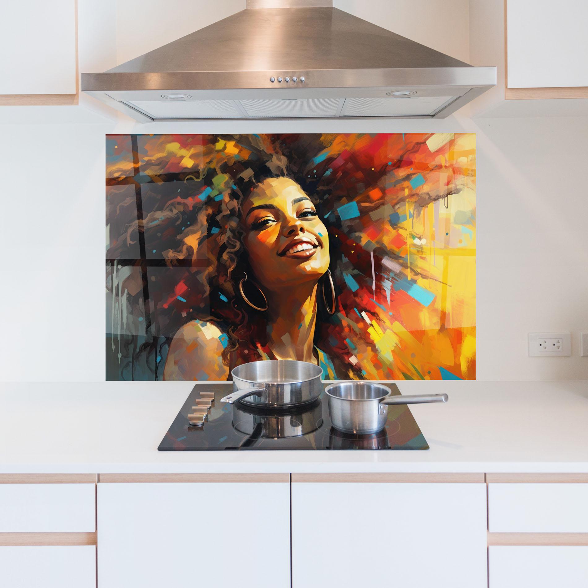 Panou Sticla Bucatarie Cheerful African Woman mockup 5