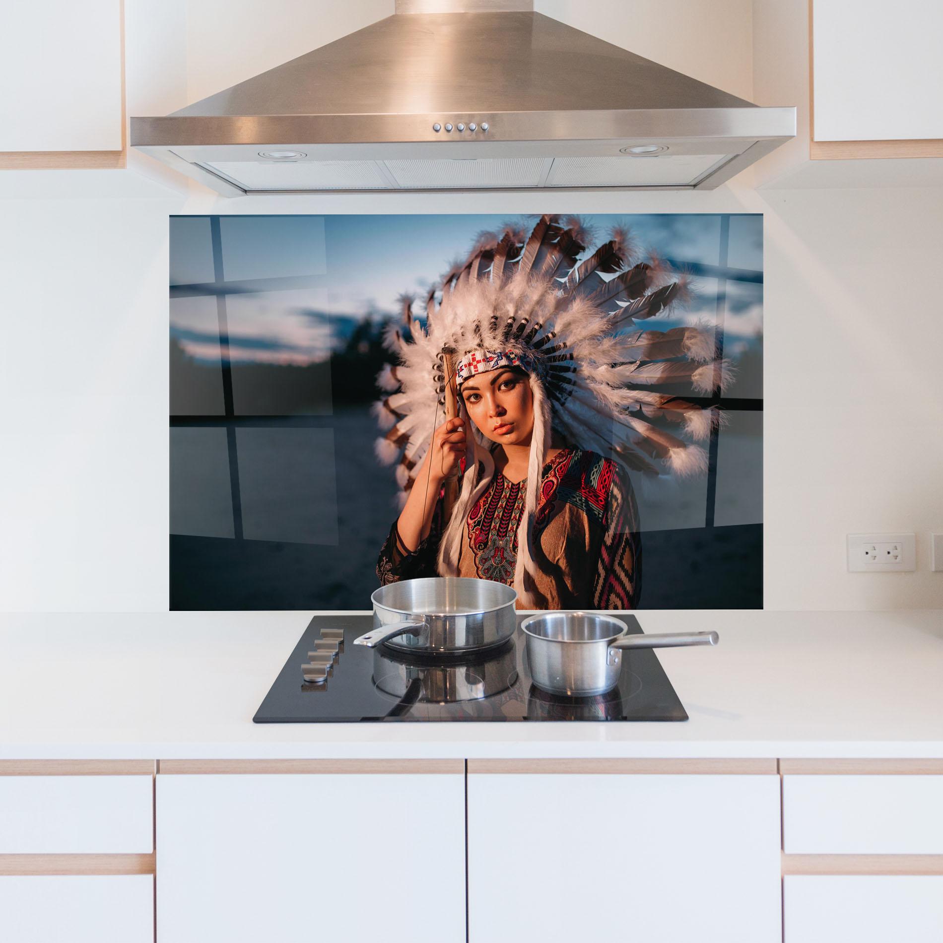 Panou Sticla Bucatarie Indian Woman Sunset mockup 5