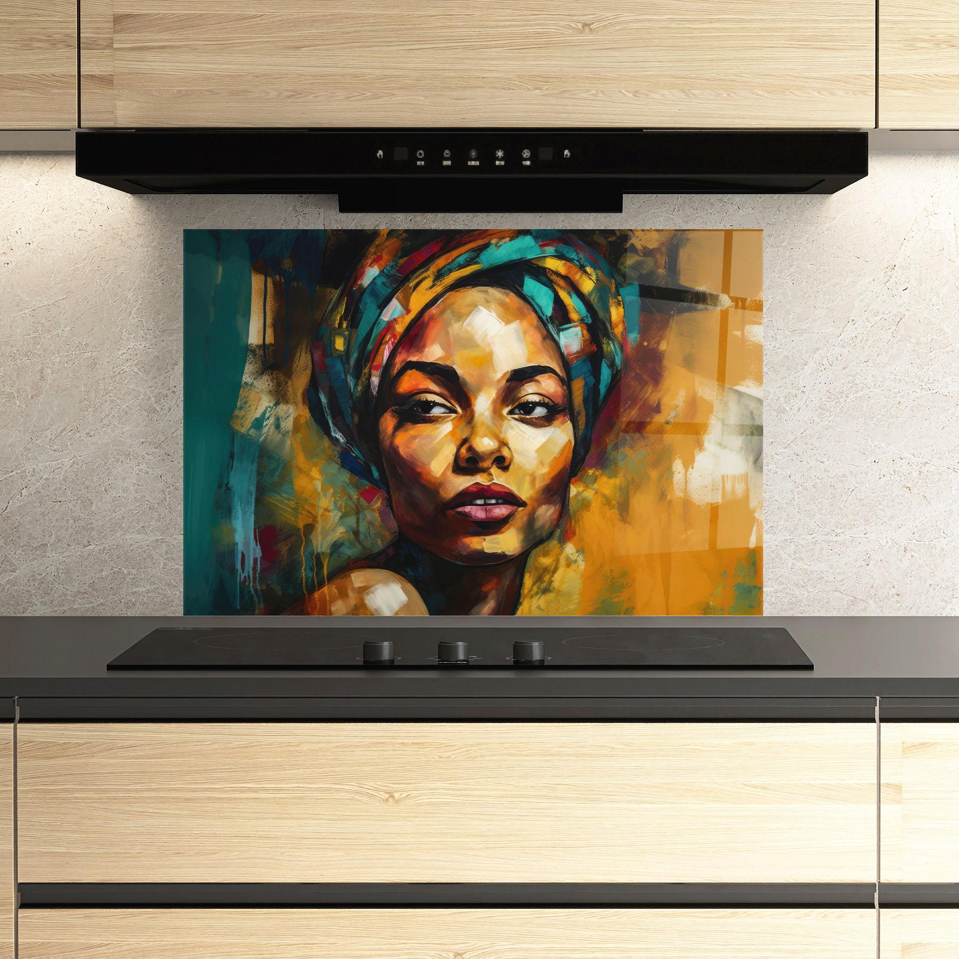 Panou Sticla Bucatarie African Woman Looking mockup 3