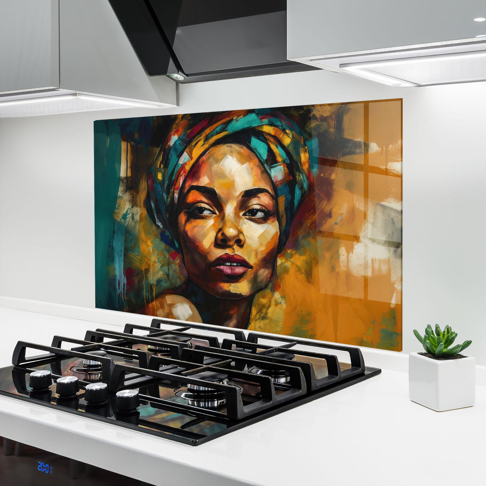 Panou Sticla Bucatarie African Woman Looking mockup 6