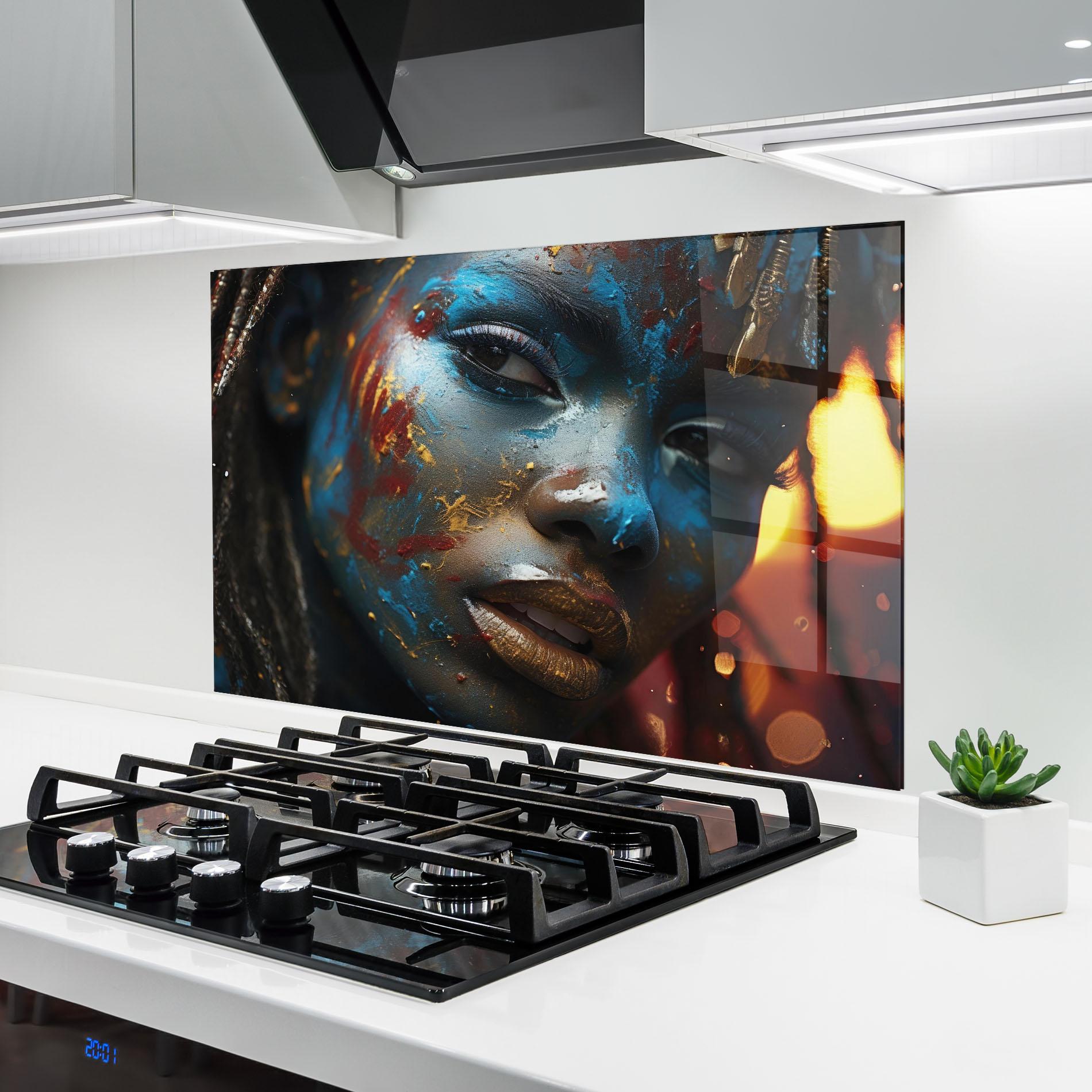 Panou Sticla Bucatarie Blue Paint Woman mockup 6