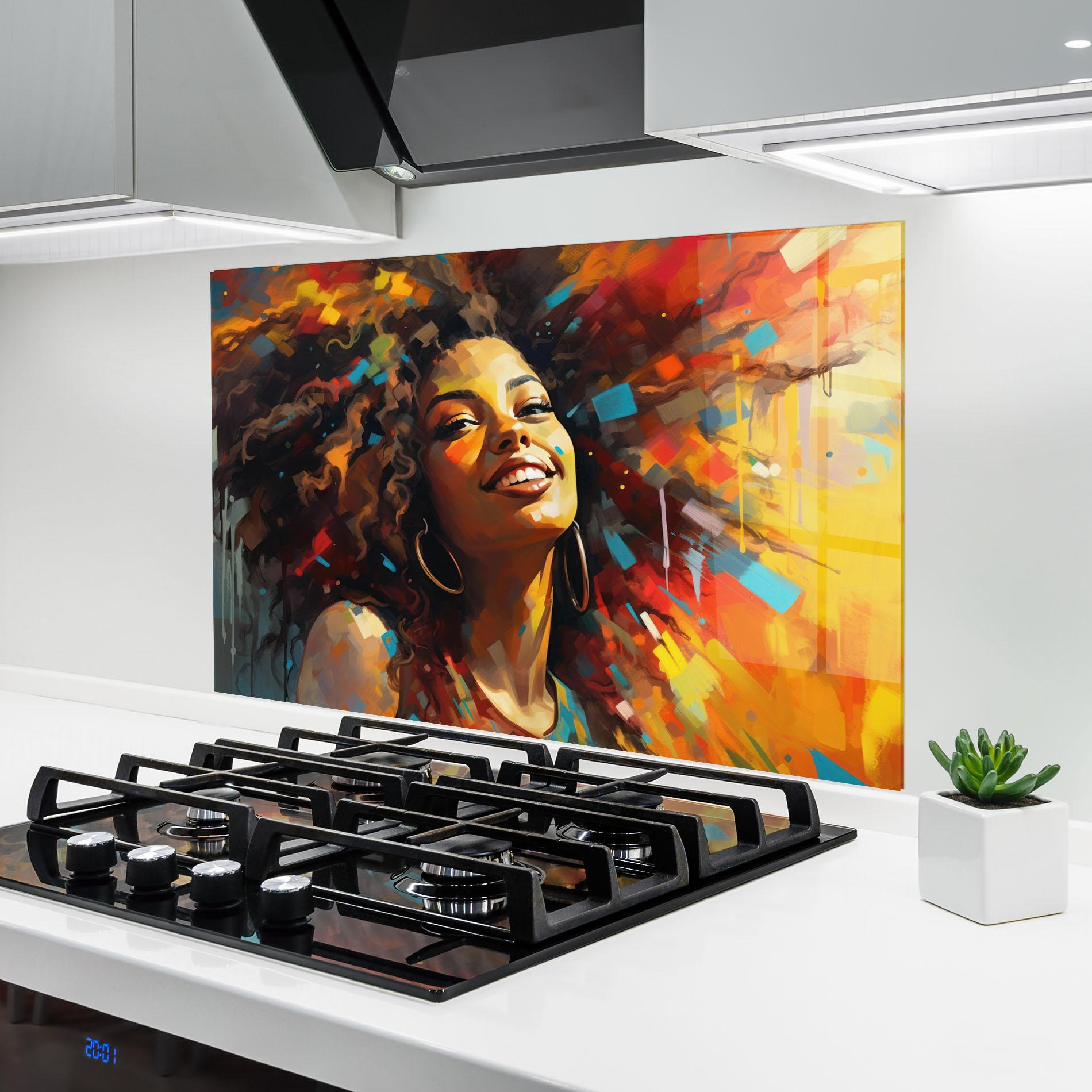 Panou Sticla Bucatarie Cheerful African Woman mockup 6