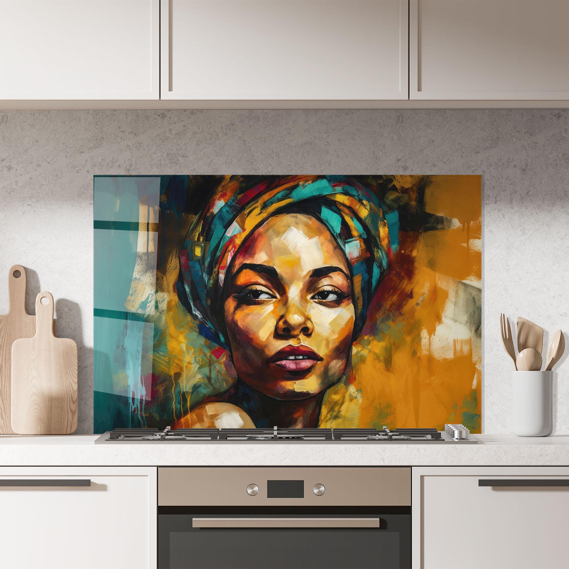 Panou Sticla Bucatarie African Woman Looking mockup 7