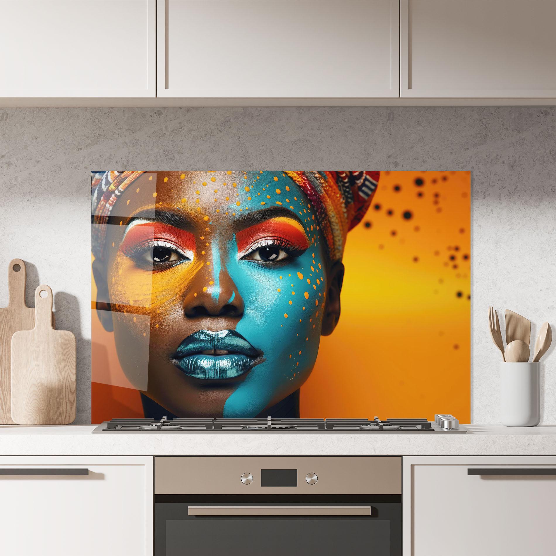 Panou Sticla Bucatarie Blue Brown Skin Woman mockup 7