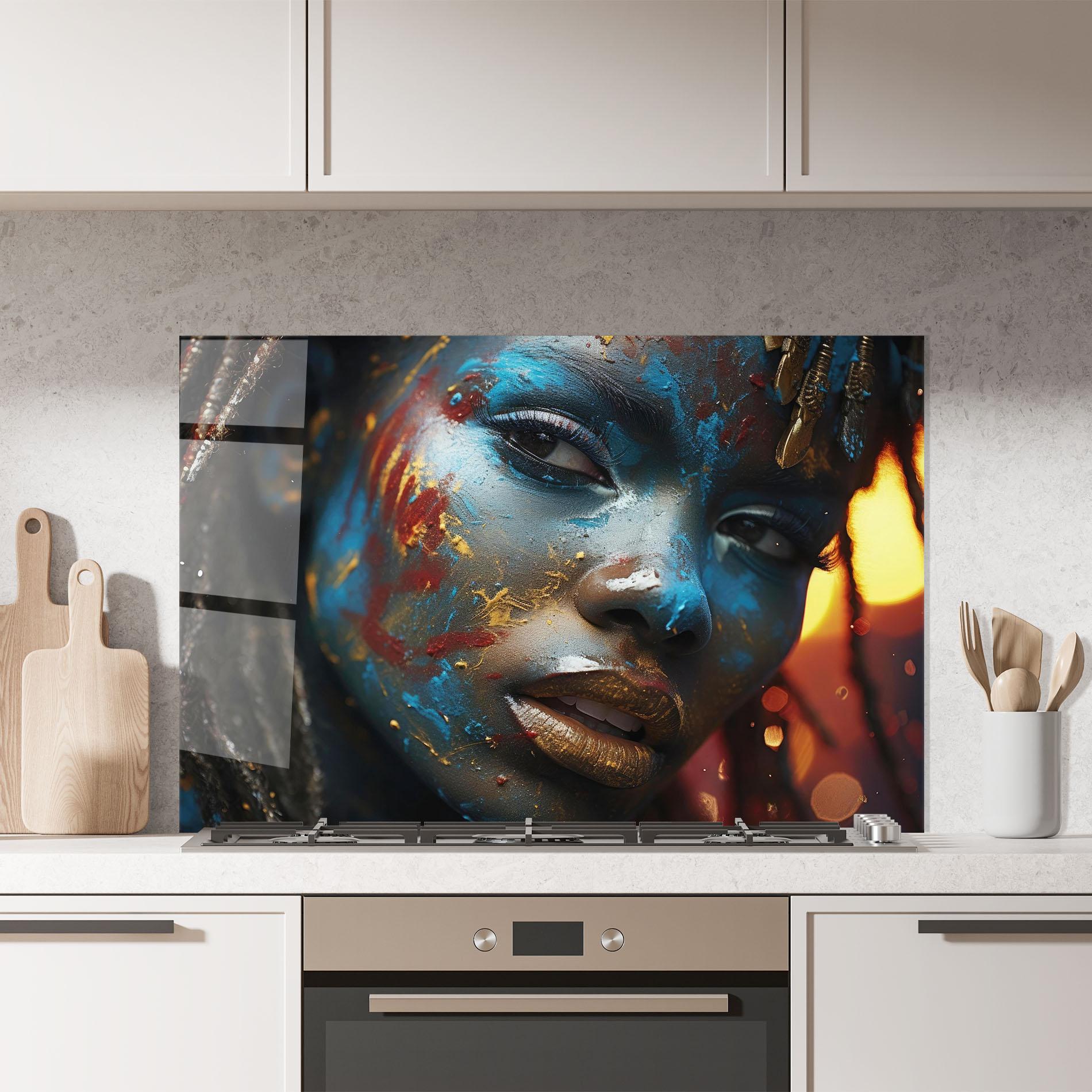 Panou Sticla Bucatarie Blue Paint Woman mockup 7