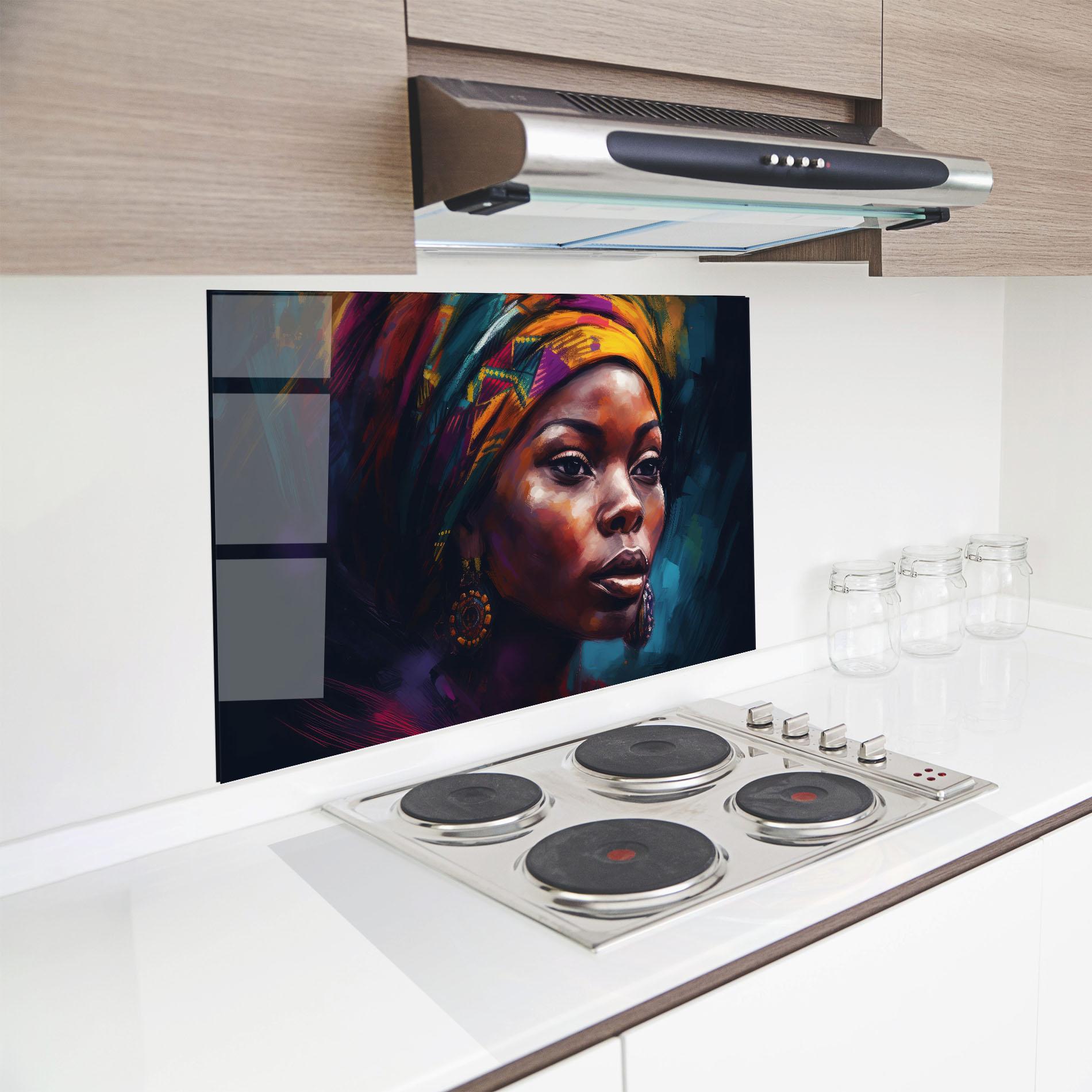 Panou Sticla Bucatarie Black Traditional Woman mockup 8