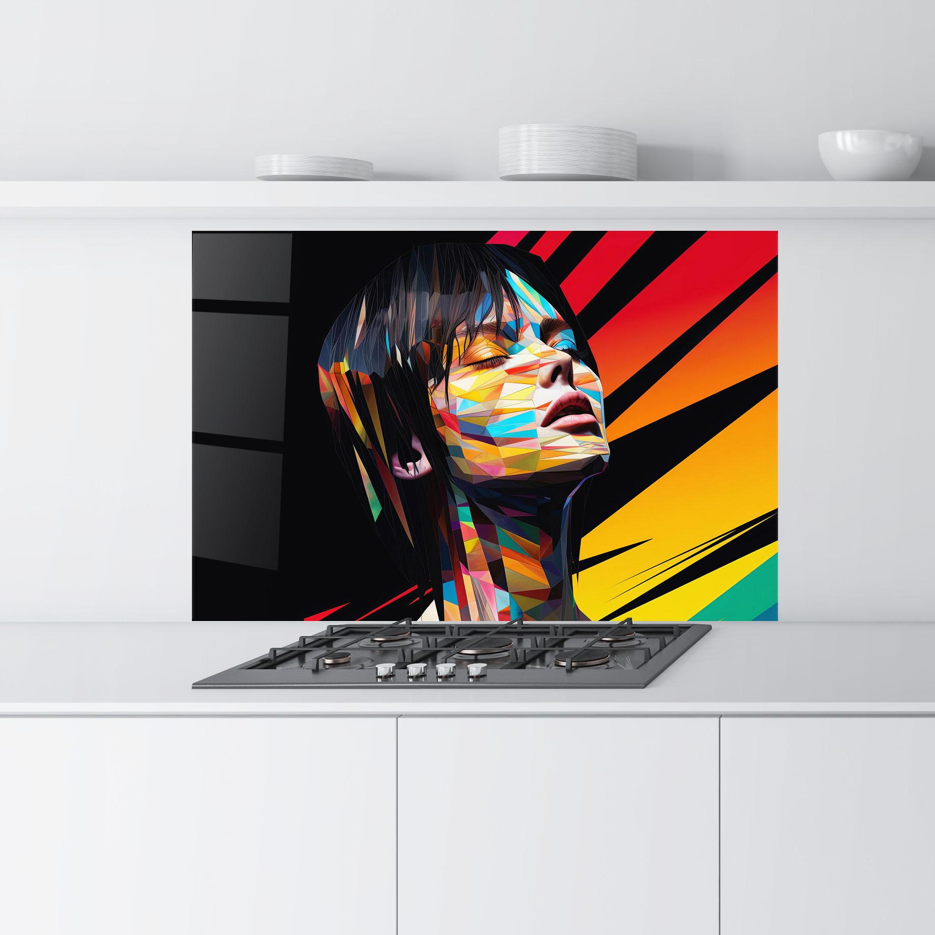 Panou Sticla Bucatarie Glitchy Woman mockup 9