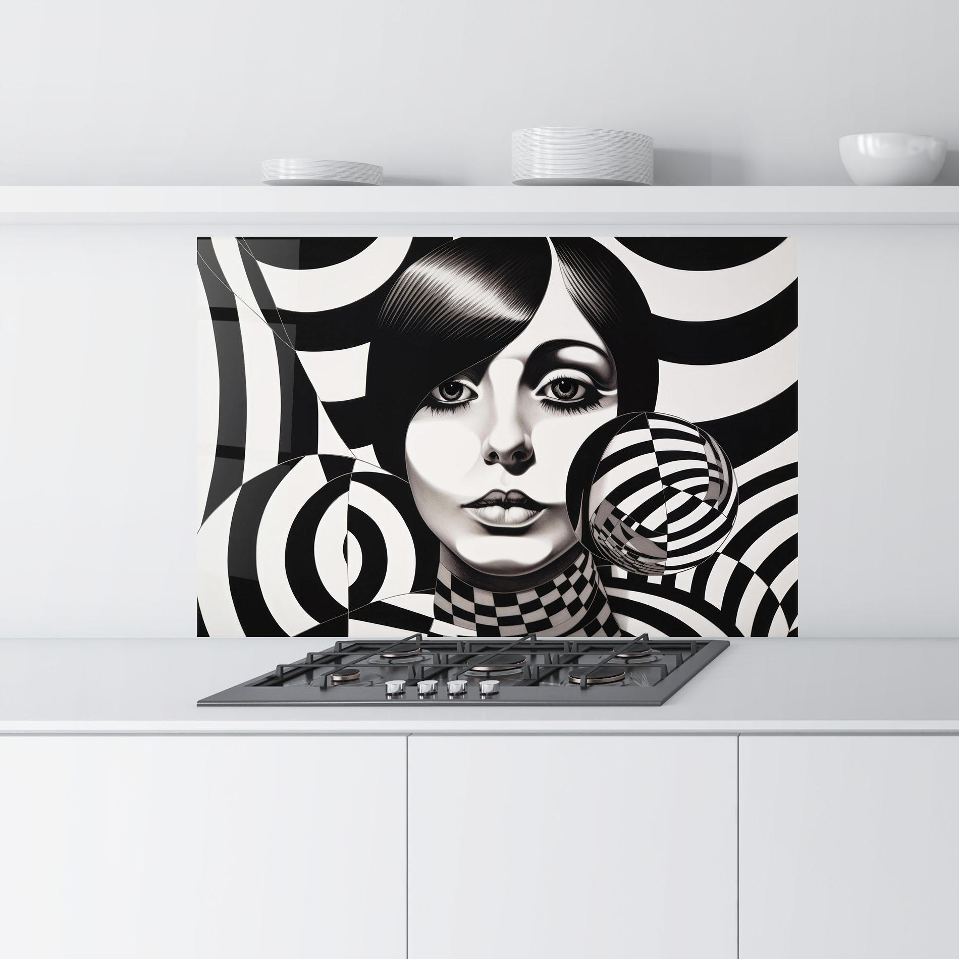 Panou Sticla Bucatarie Monochromatic Op Art mockup 9