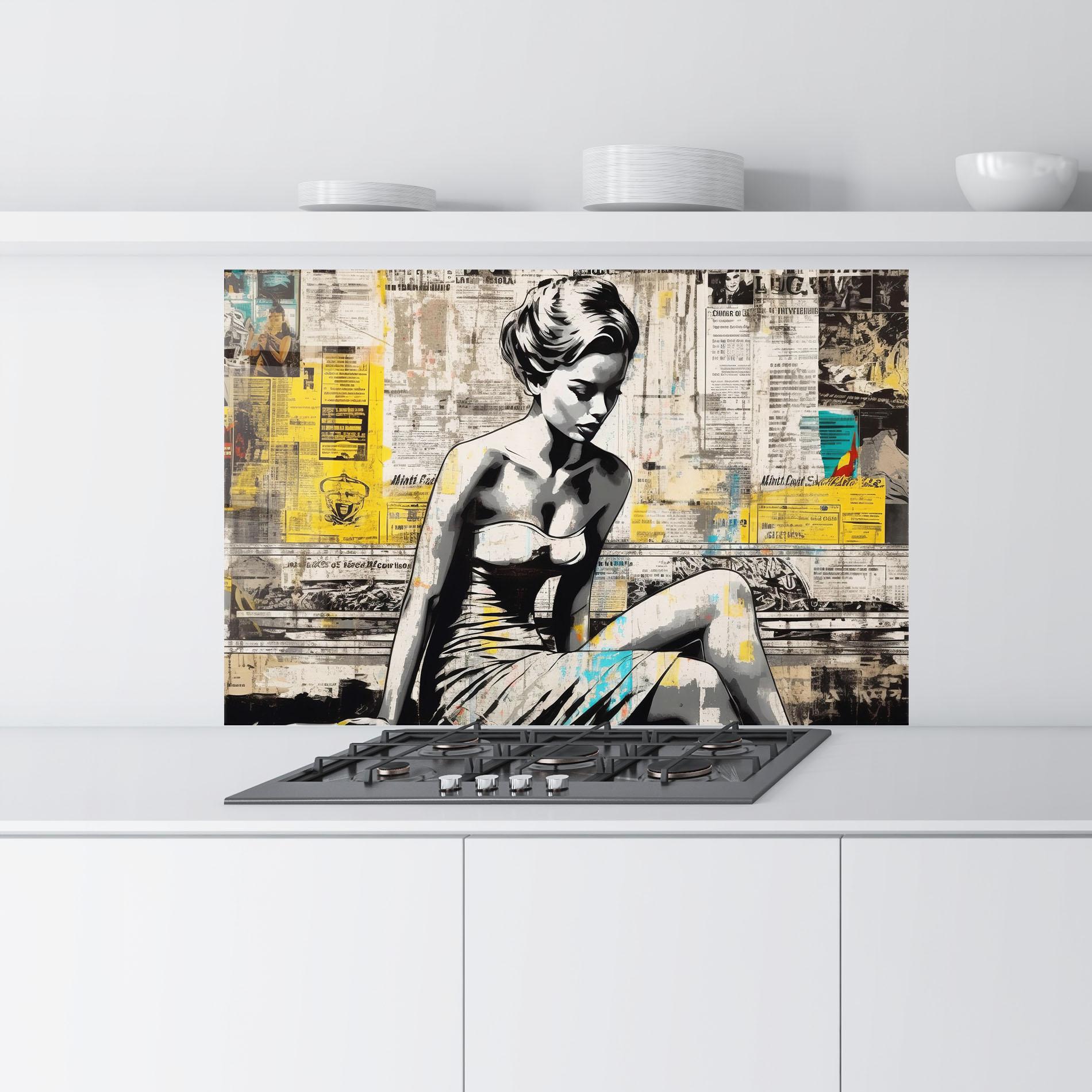 Panou Sticla Bucatarie Newspaper Painting Girl mockup 9