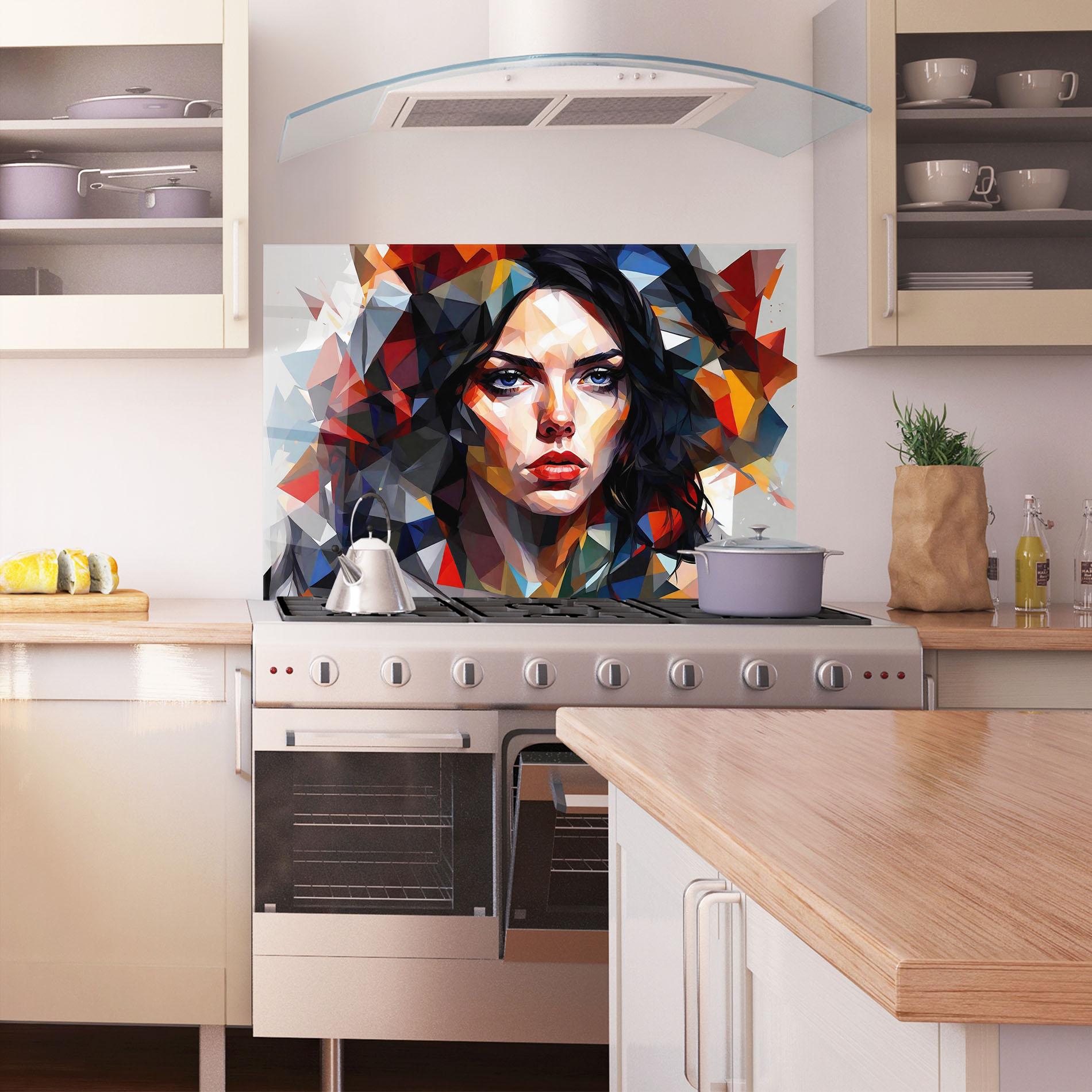 Panou Sticla Bucatarie Colorful Polygonal Woman mockup 1