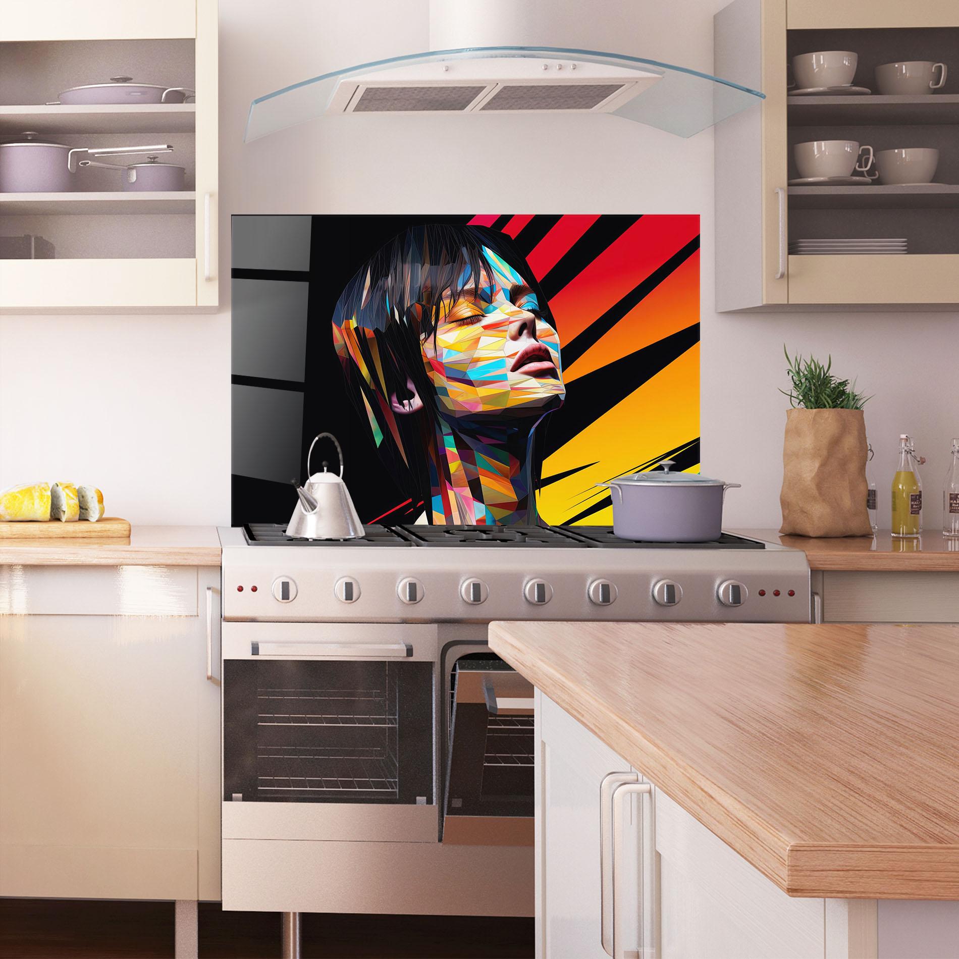 Panou Sticla Bucatarie Glitchy Woman mockup 1