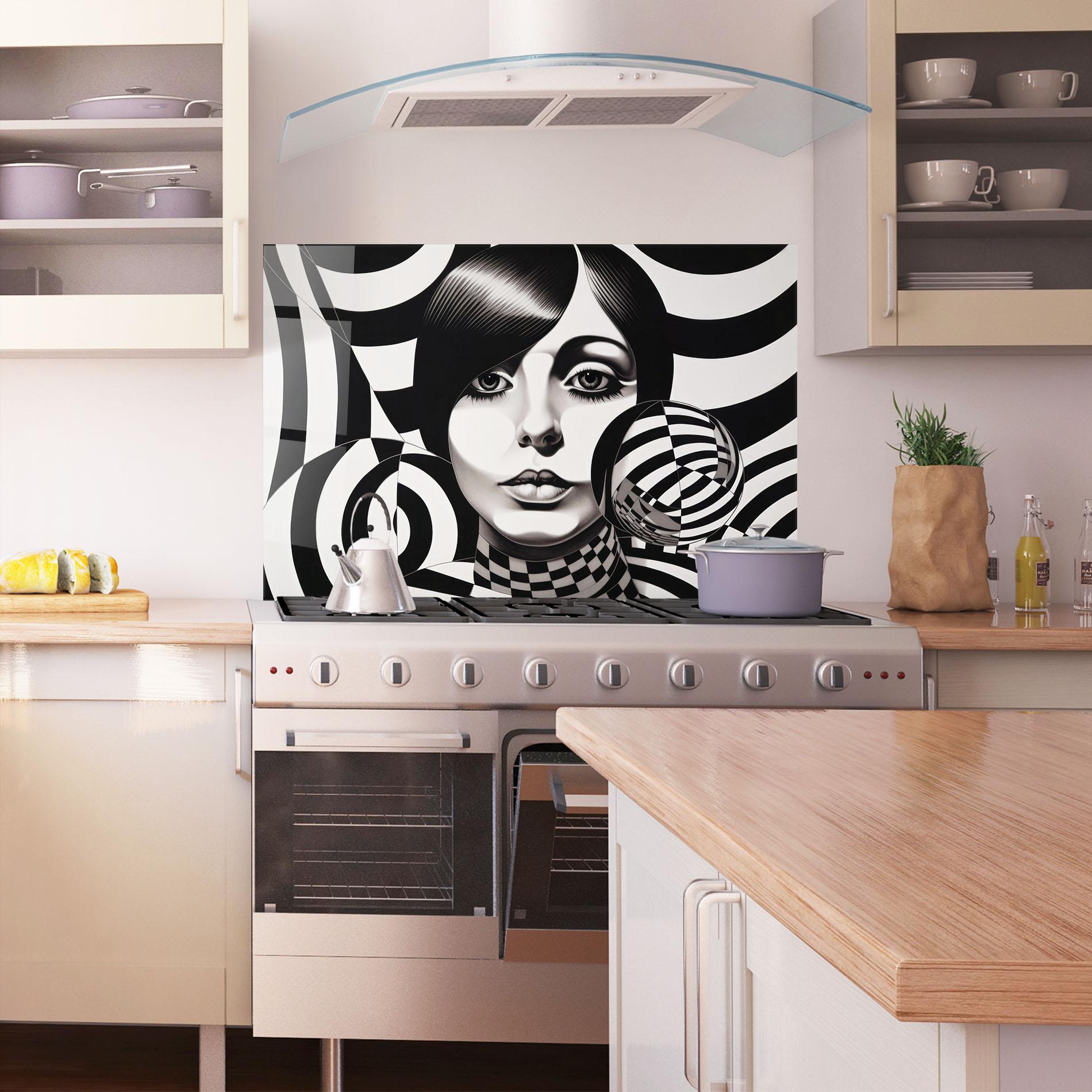 Panou Sticla Bucatarie Monochromatic Op Art mockup 1