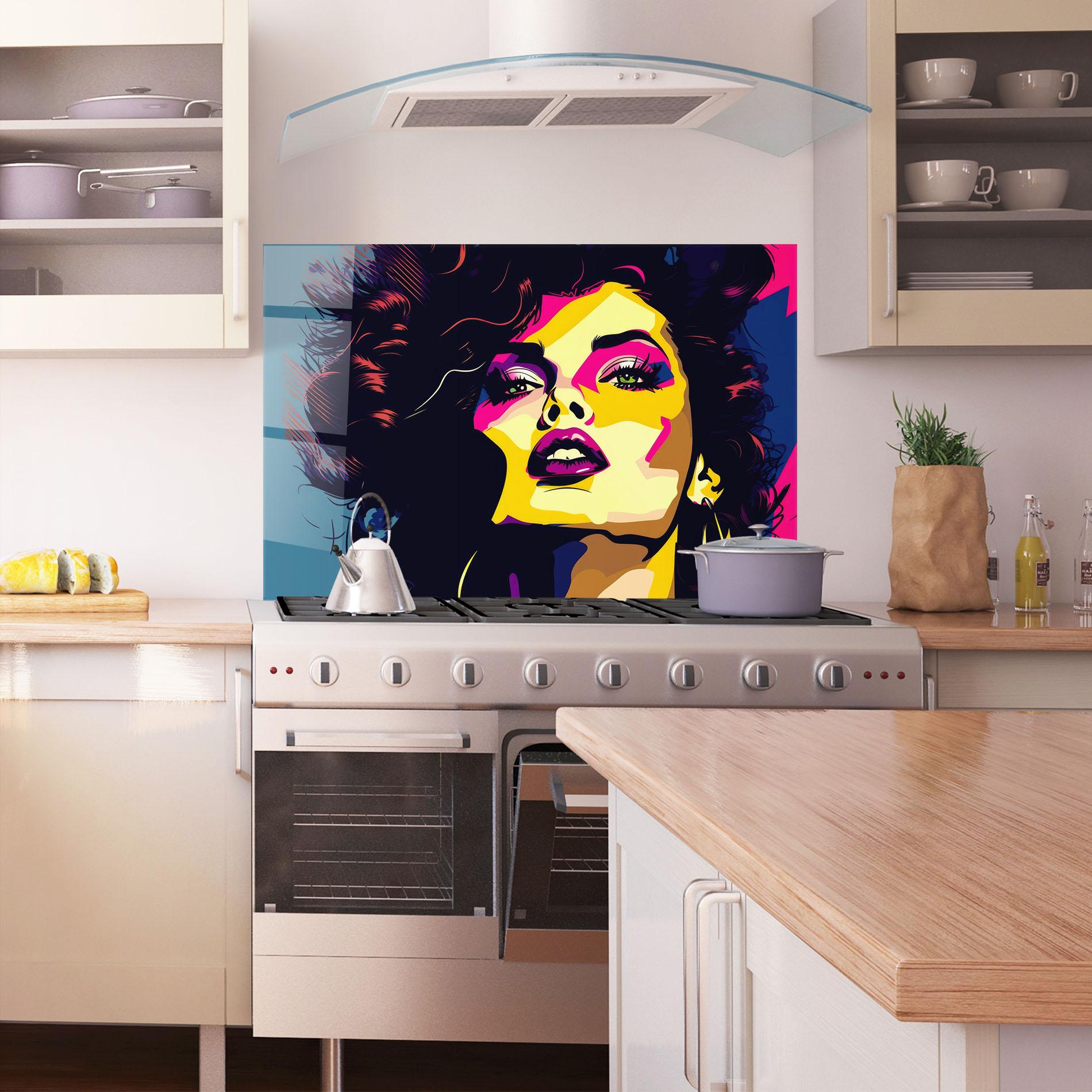 Panou Sticla Bucatarie Pop Art Portrait Woman mockup 1