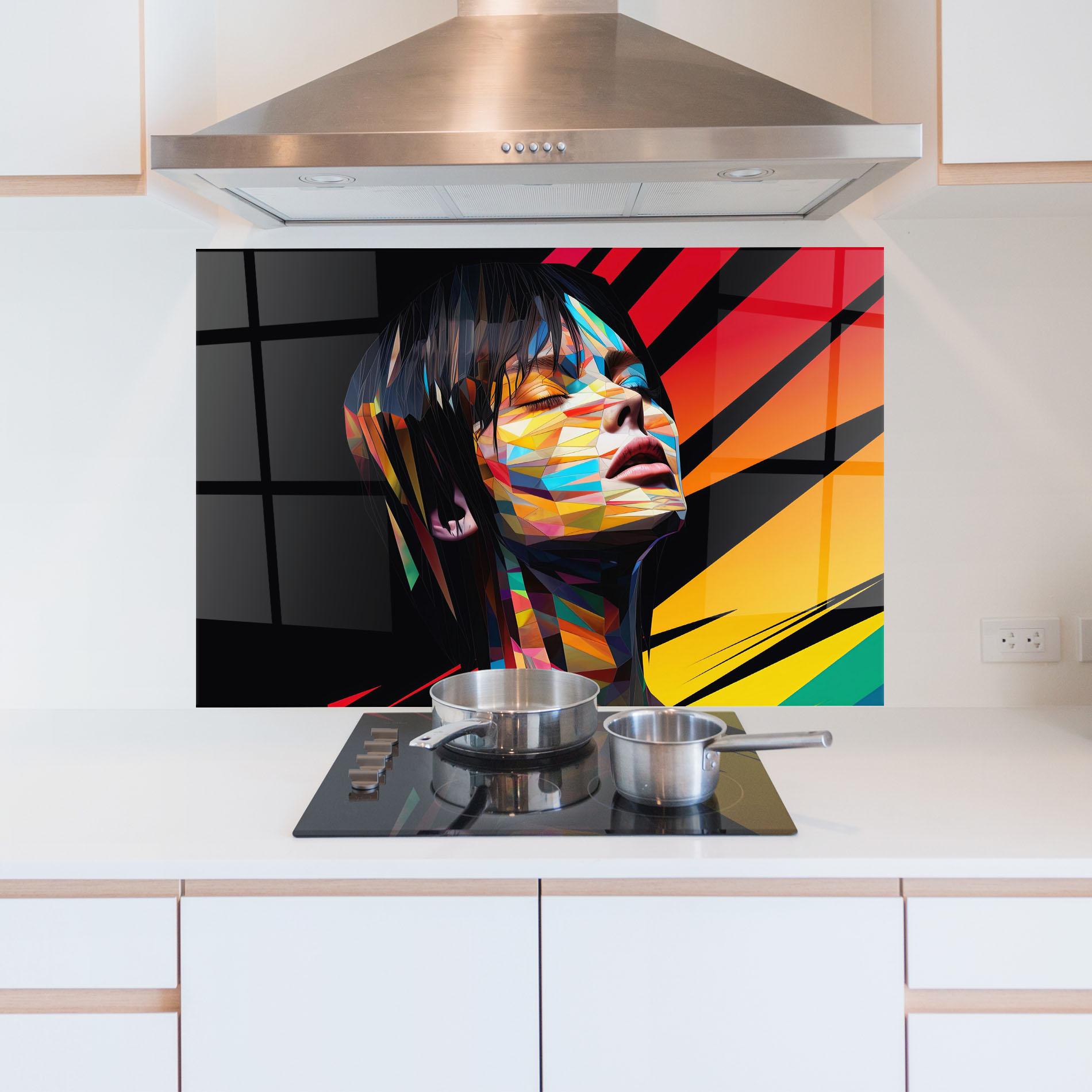 Panou Sticla Bucatarie Glitchy Woman mockup 5