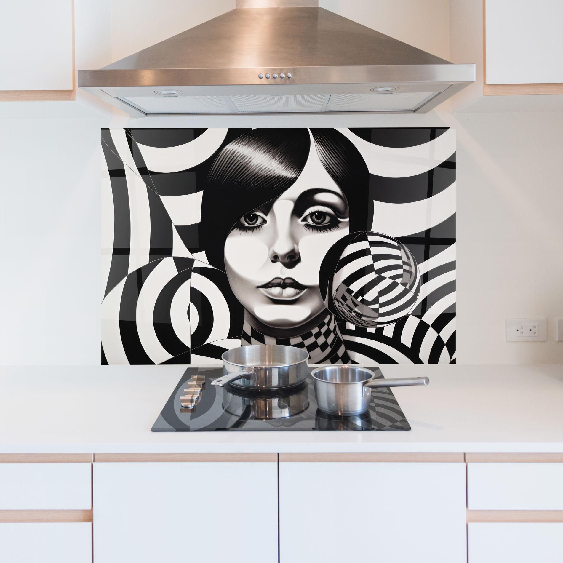 Panou Sticla Bucatarie Monochromatic Op Art mockup 5