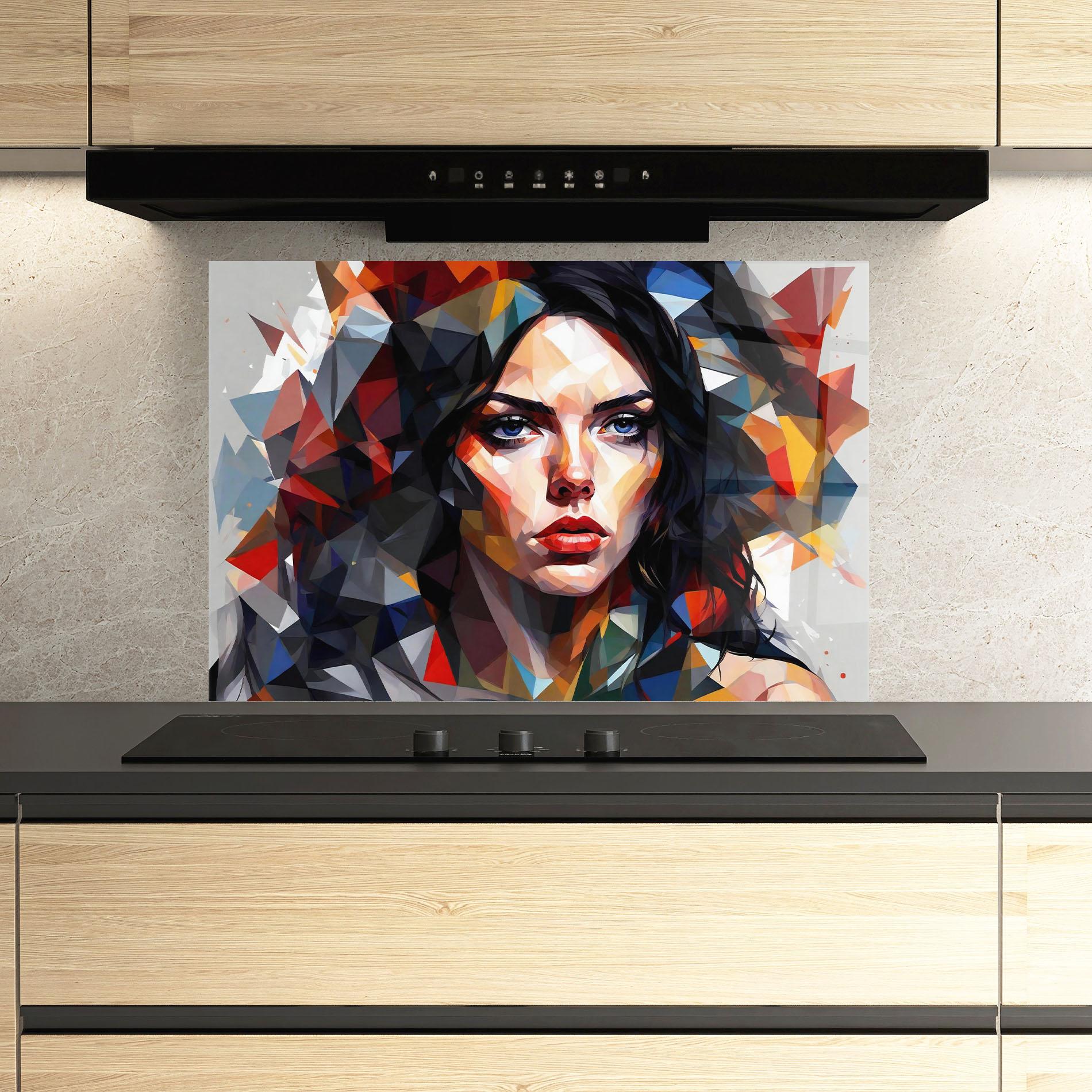 Panou Sticla Bucatarie Colorful Polygonal Woman mockup 3