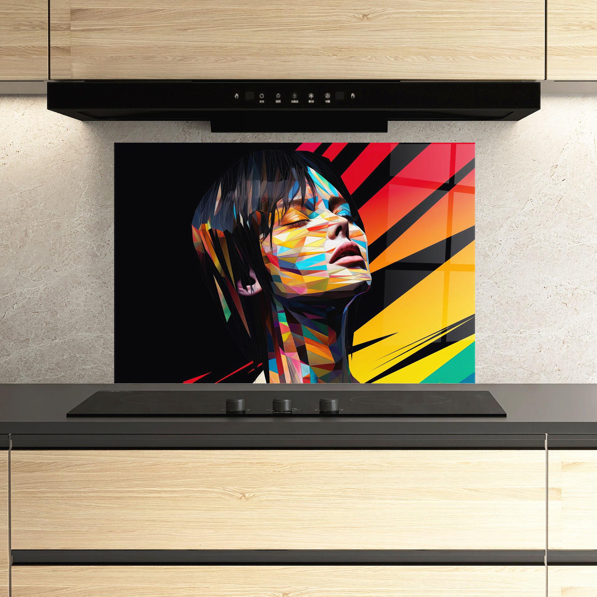 Panou Sticla Bucatarie Glitchy Woman mockup 3