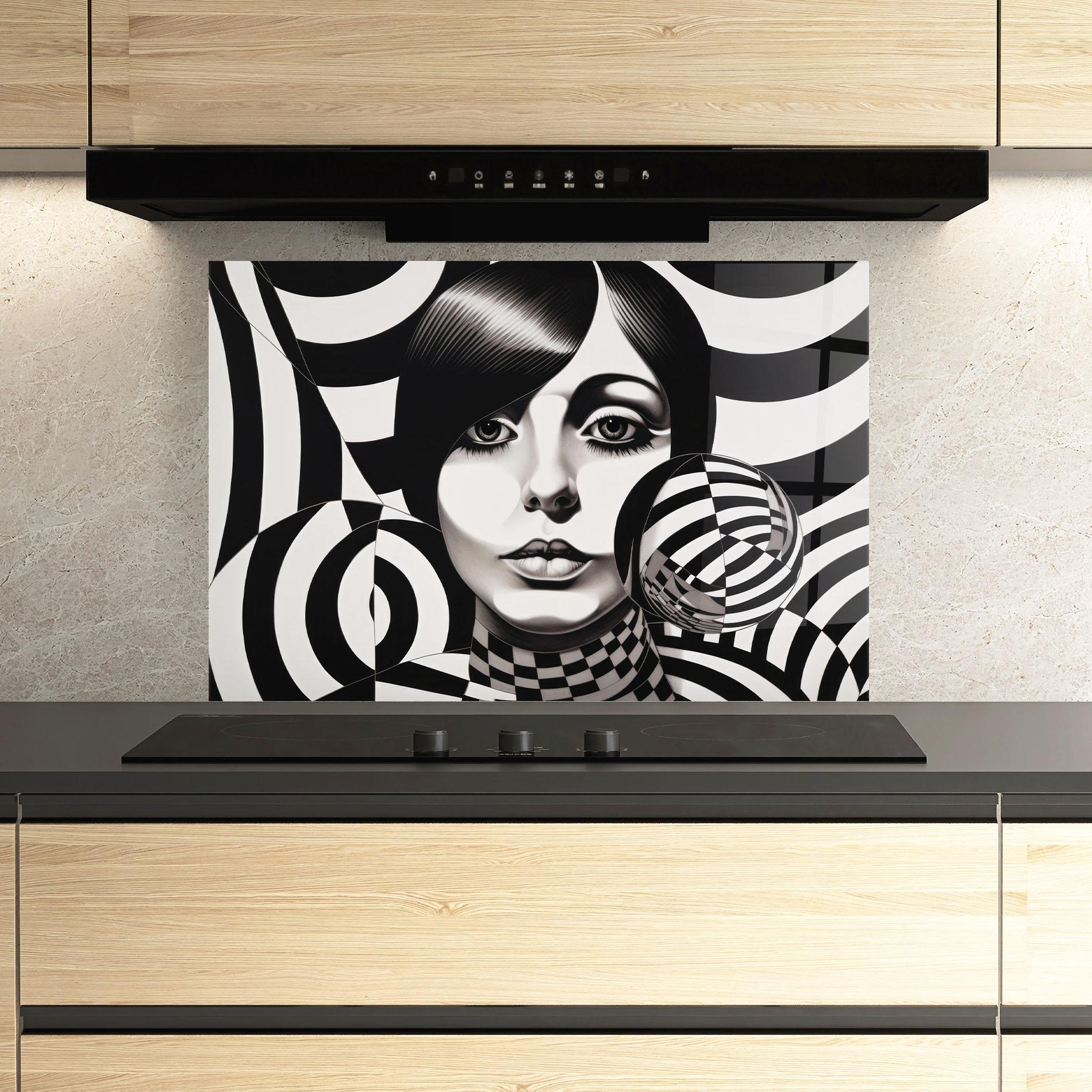 Panou Sticla Bucatarie Monochromatic Op Art mockup 3