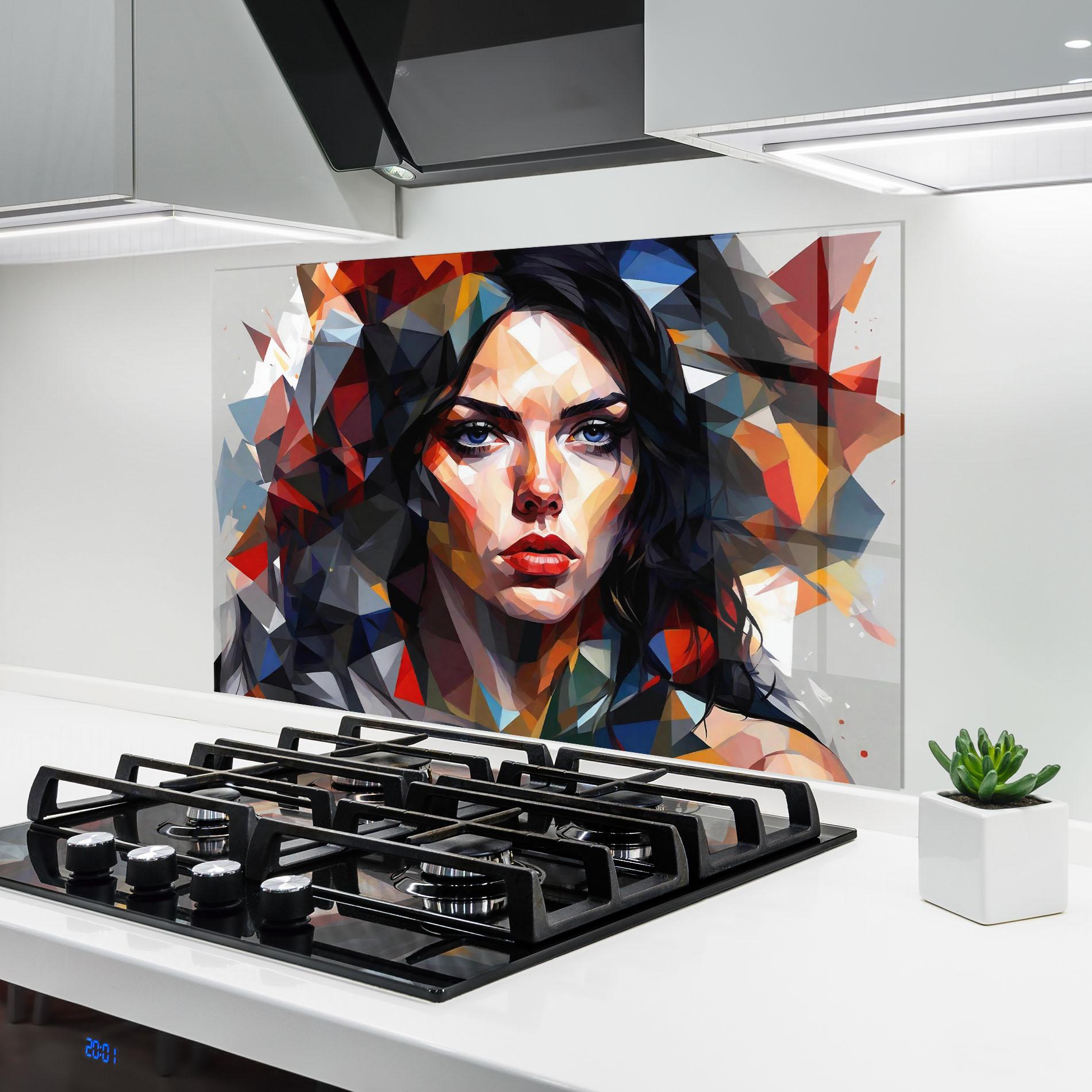 Panou Sticla Bucatarie Colorful Polygonal Woman mockup 6