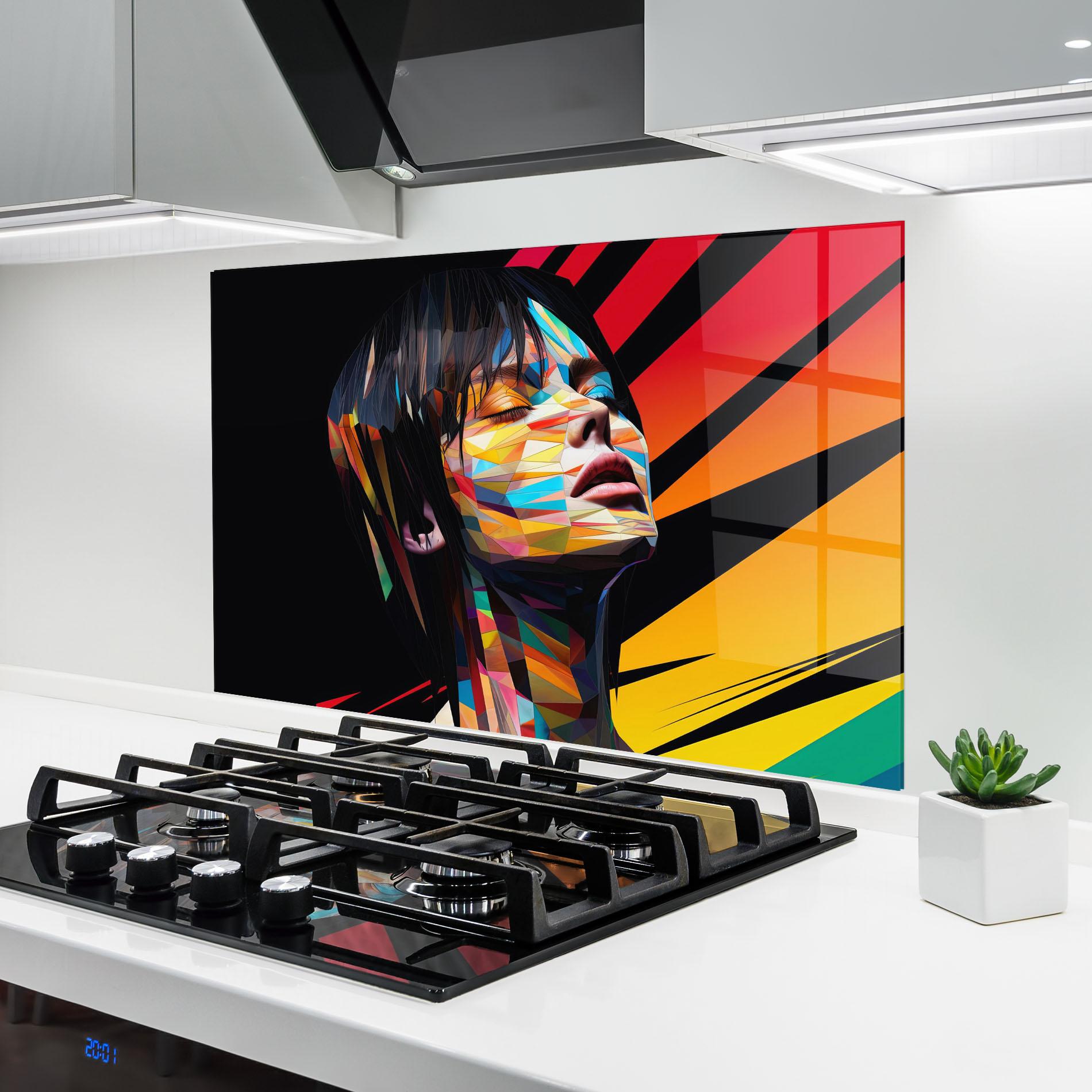 Panou Sticla Bucatarie Glitchy Woman mockup 6