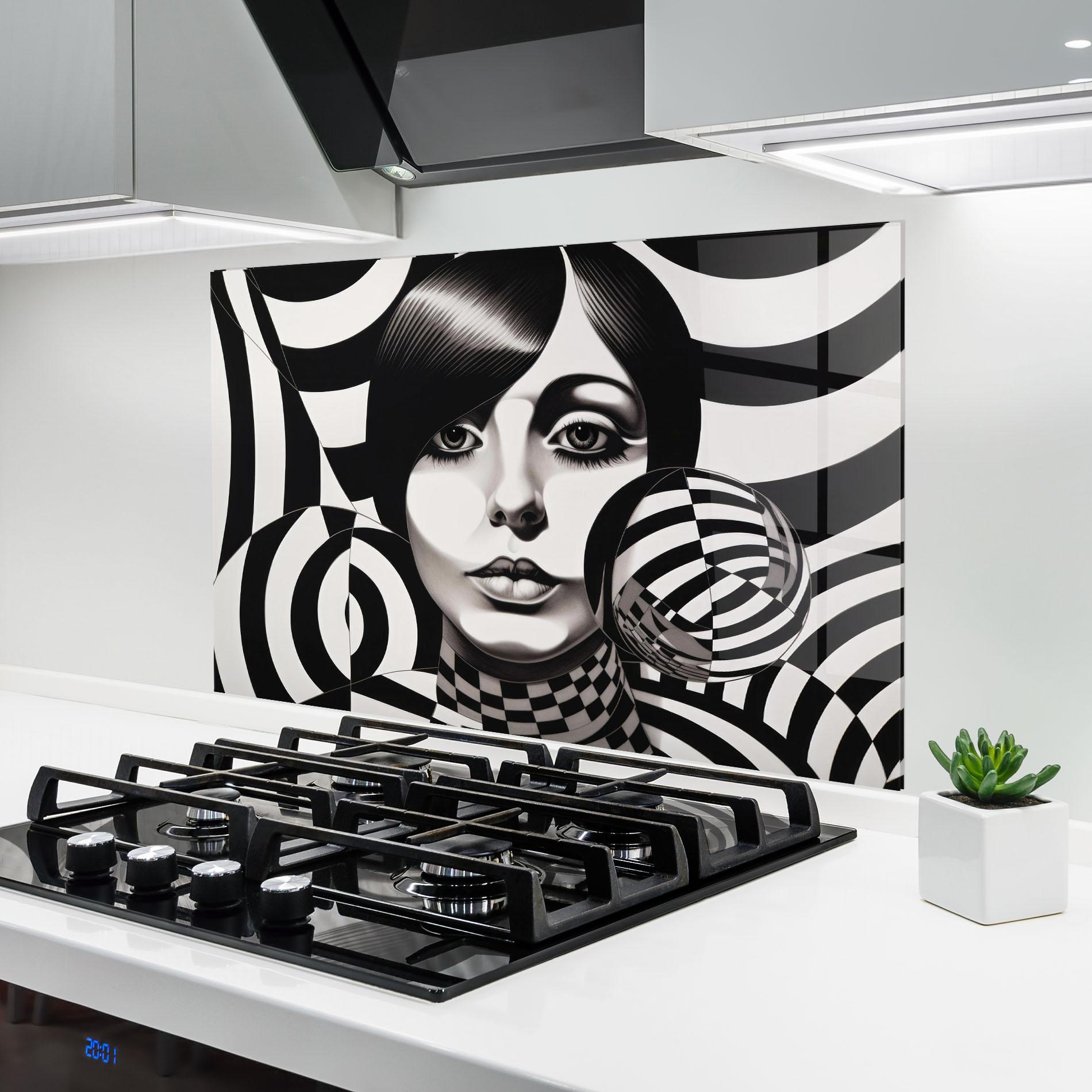 Panou Sticla Bucatarie Monochromatic Op Art mockup 6