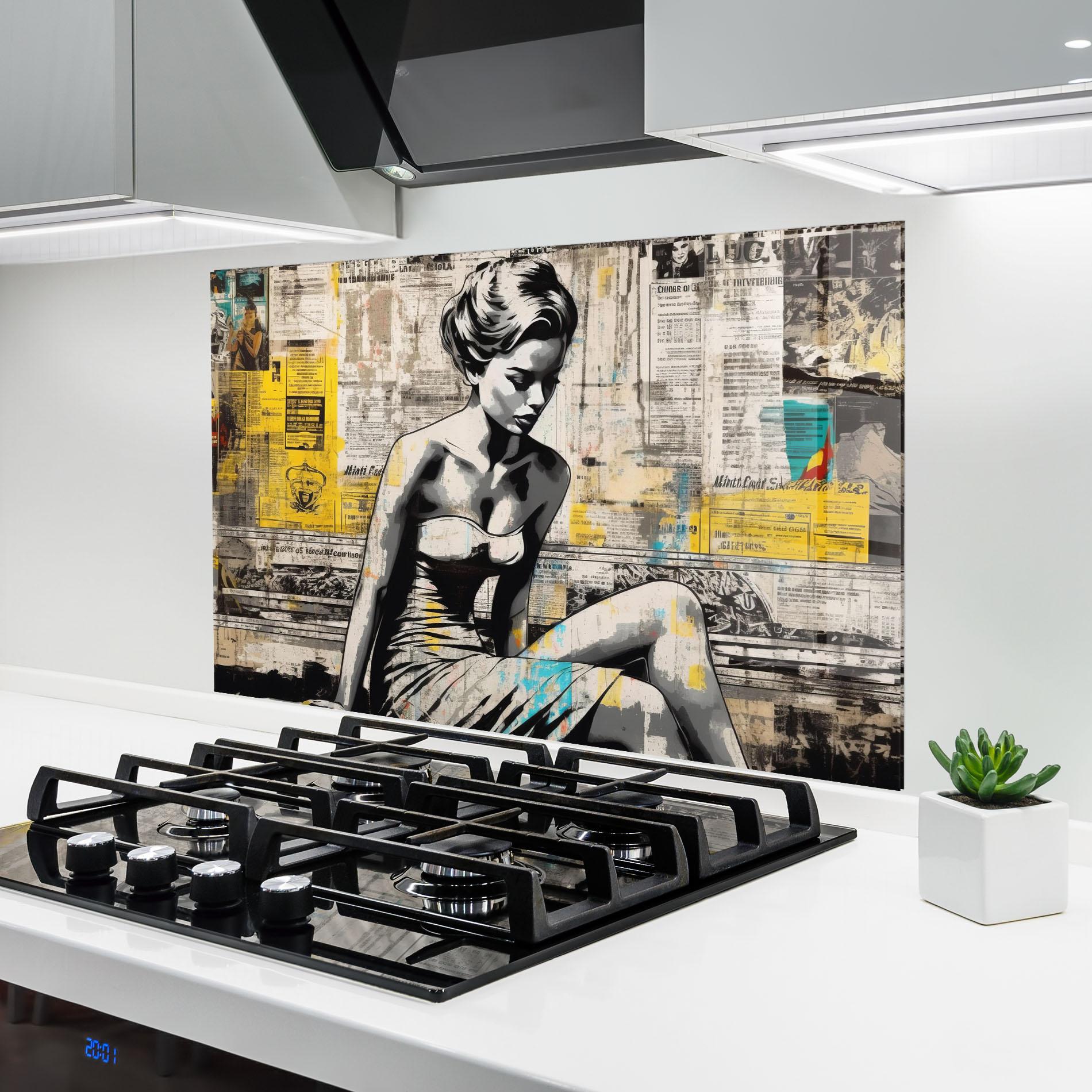 Panou Sticla Bucatarie Newspaper Painting Girl mockup 6