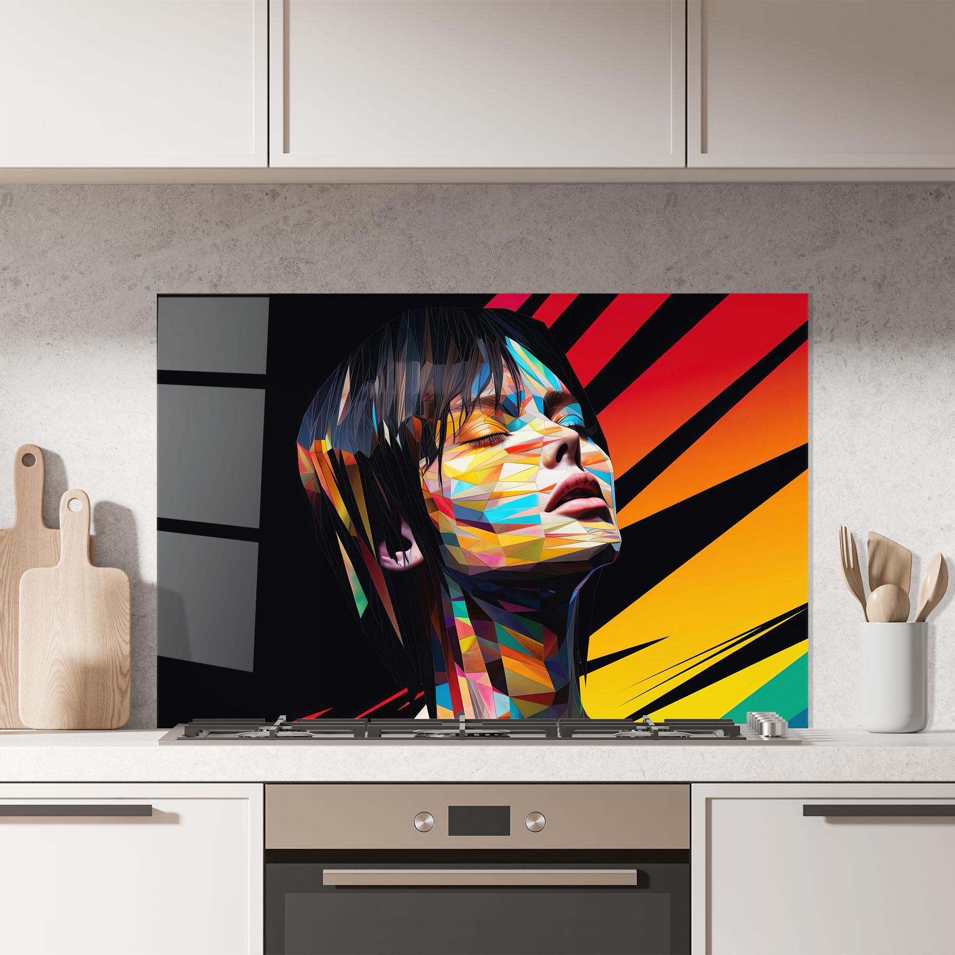 Panou Sticla Bucatarie Glitchy Woman mockup 7