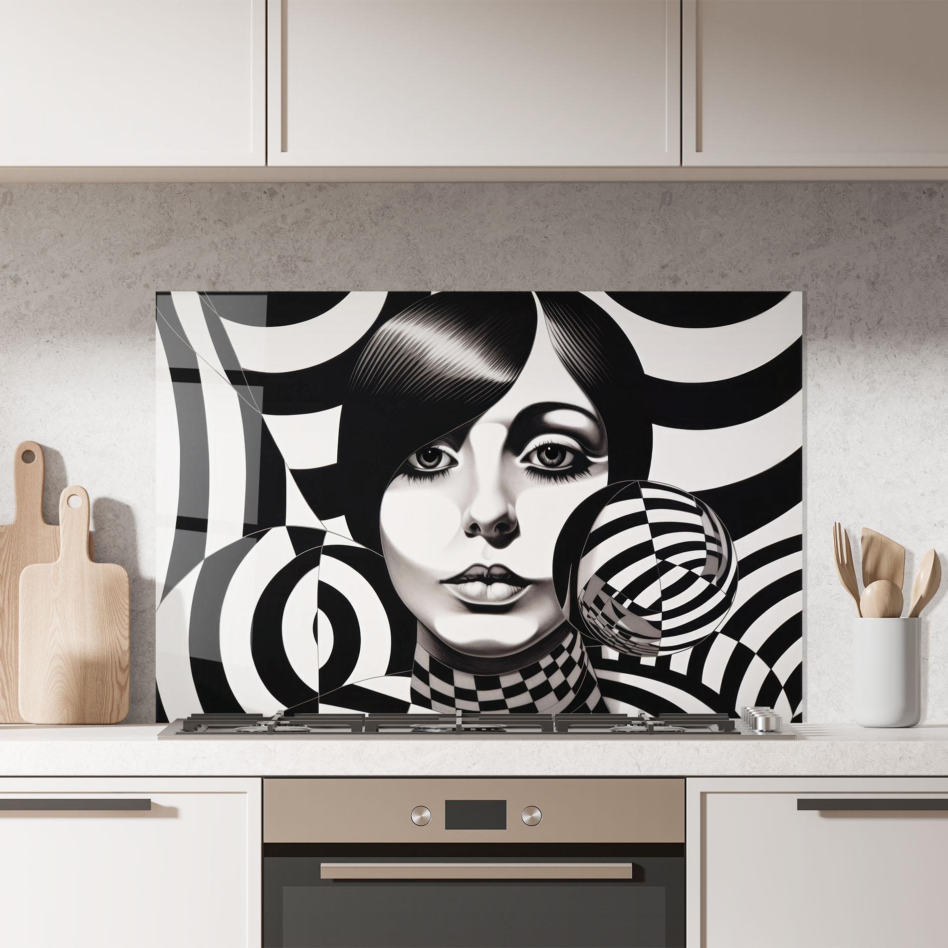 Panou Sticla Bucatarie Monochromatic Op Art mockup 7