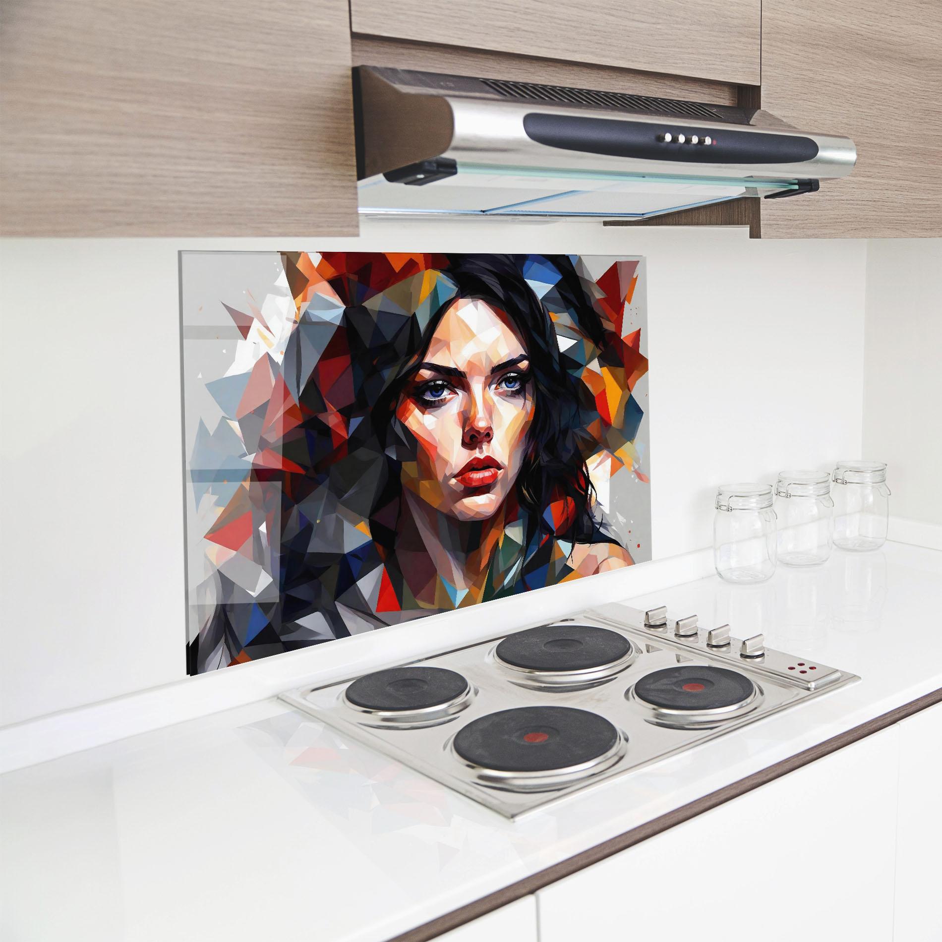Panou Sticla Bucatarie Colorful Polygonal Woman mockup 8