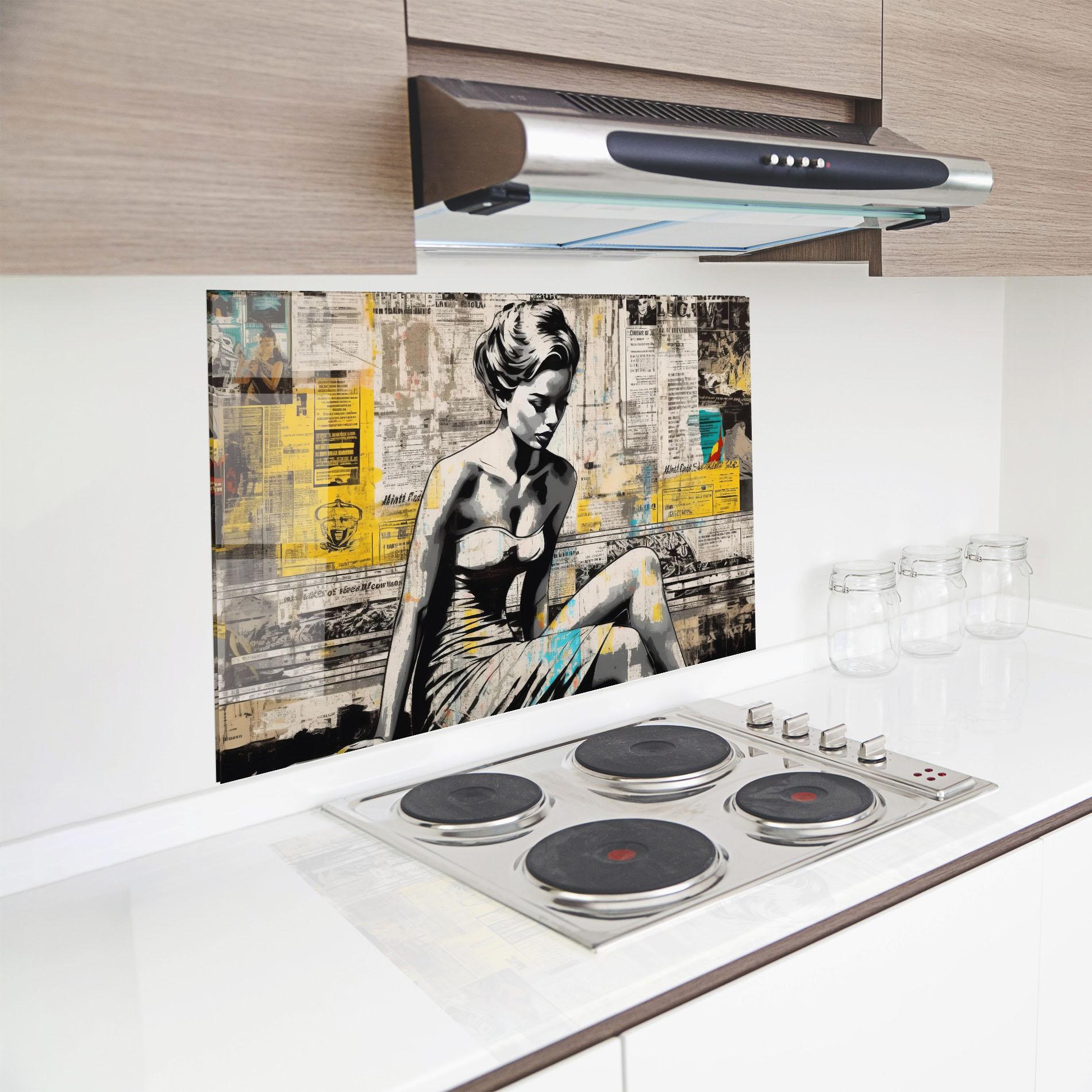 Panou Sticla Bucatarie Newspaper Painting Girl mockup 8