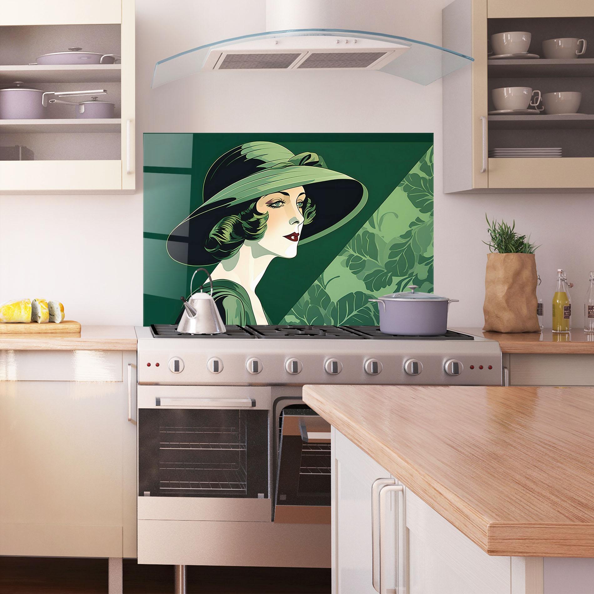 Panou Sticla Bucatarie Green Woman Painting mockup 1
