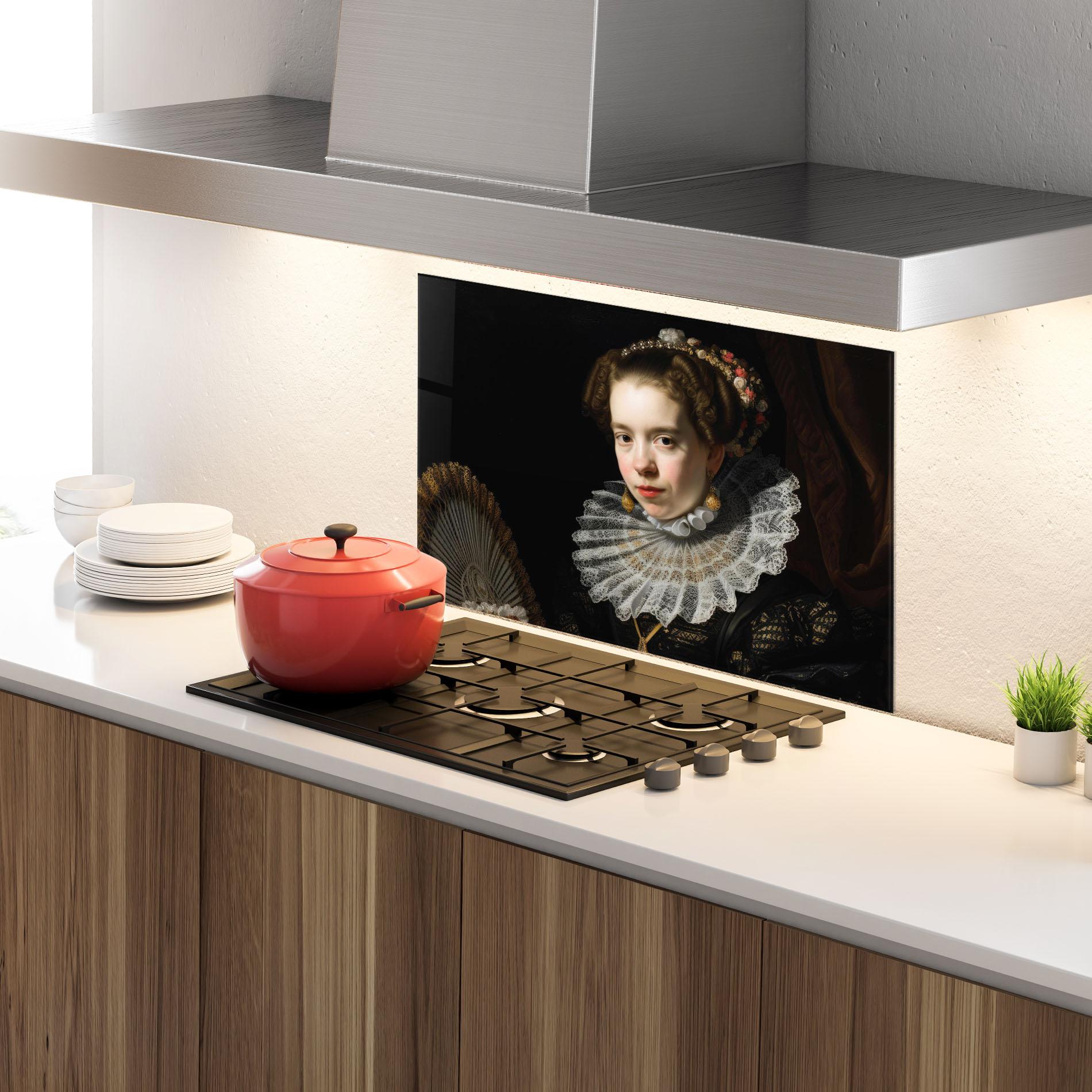 Panou Sticla Bucatarie Baroque Lady Portrait mockup 4