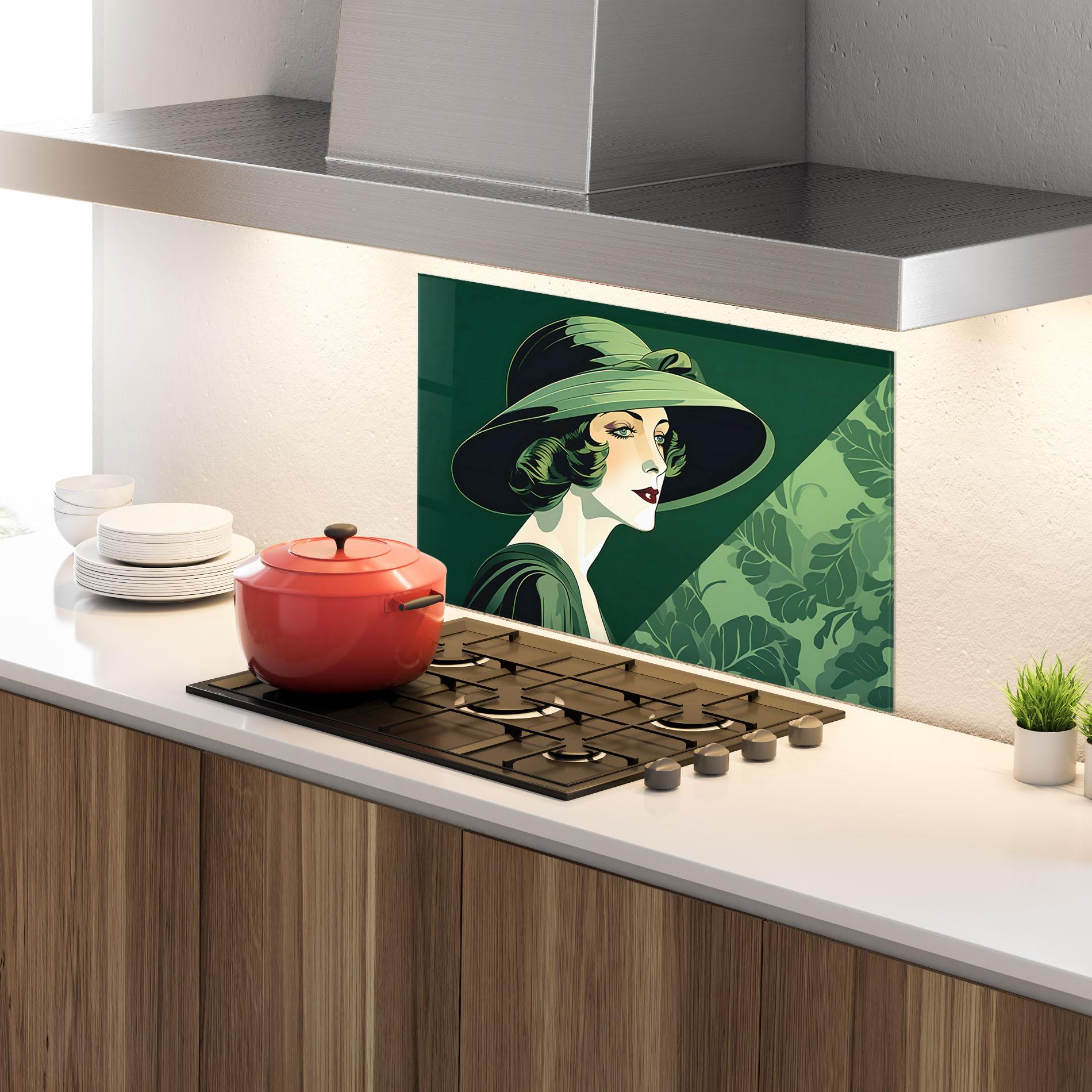 Panou Sticla Bucatarie Green Woman Painting mockup 4