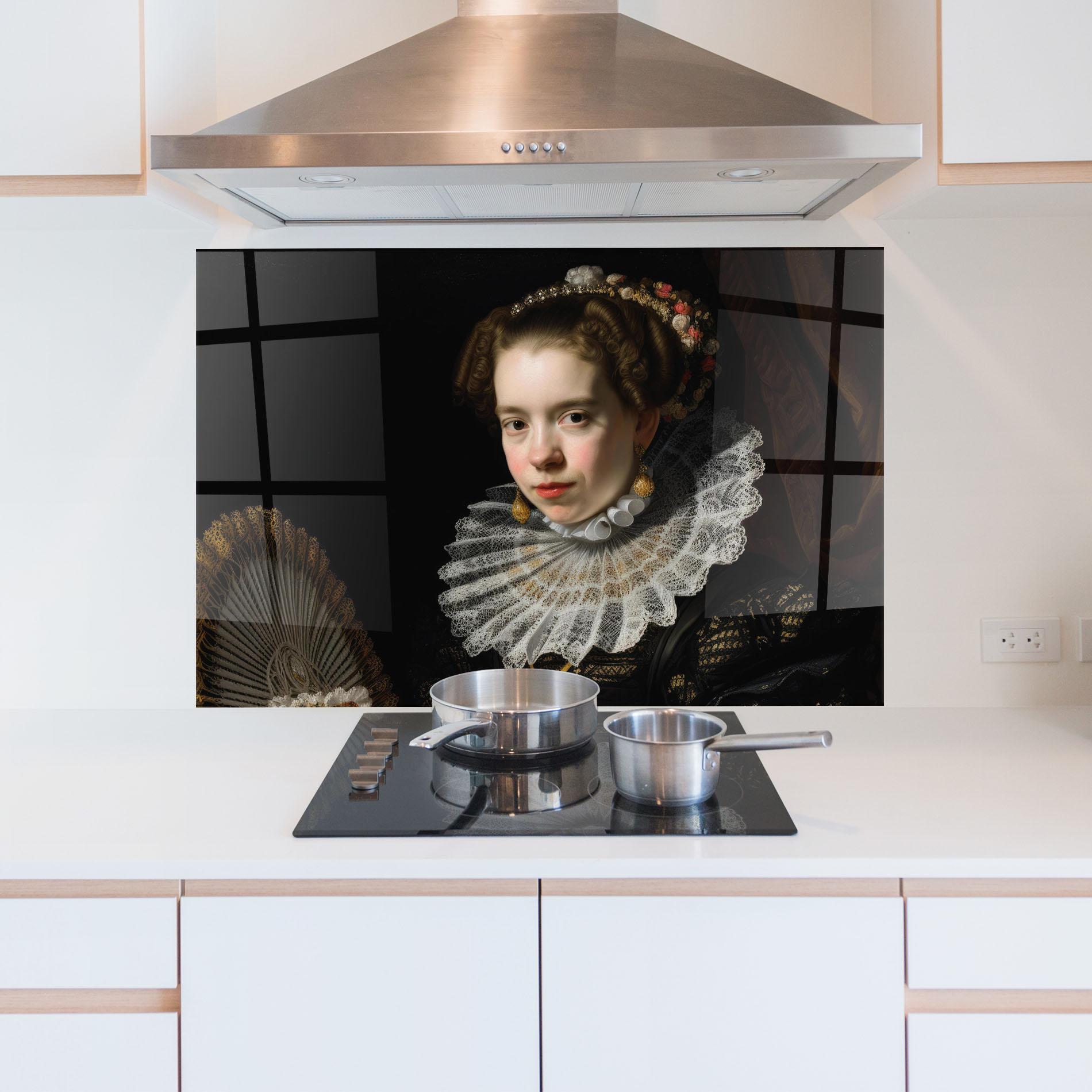 Panou Sticla Bucatarie Baroque Lady Portrait mockup 5